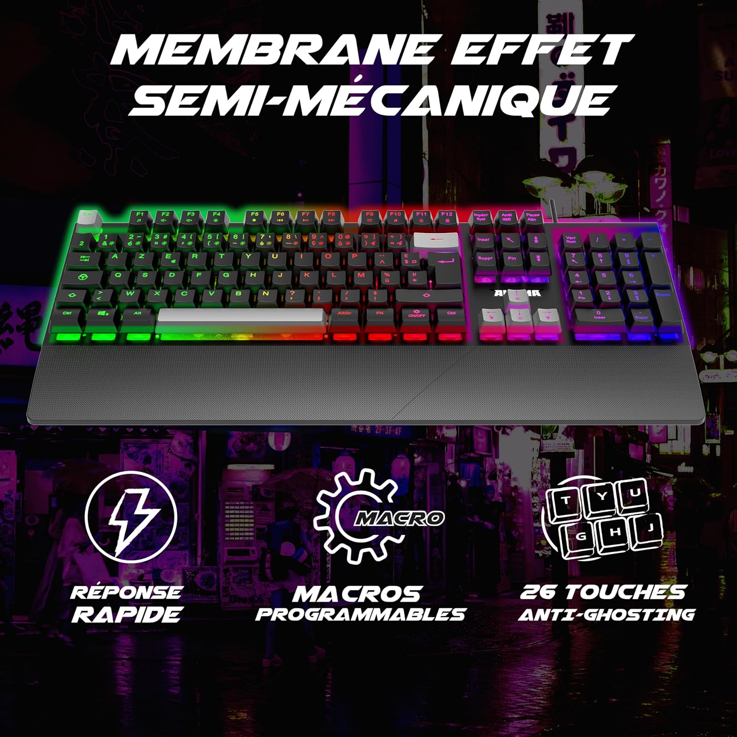 Detalle 2 de AKUMA AKSHOK02 – membranowa klawiatura gamingowa AZERTY z RGB