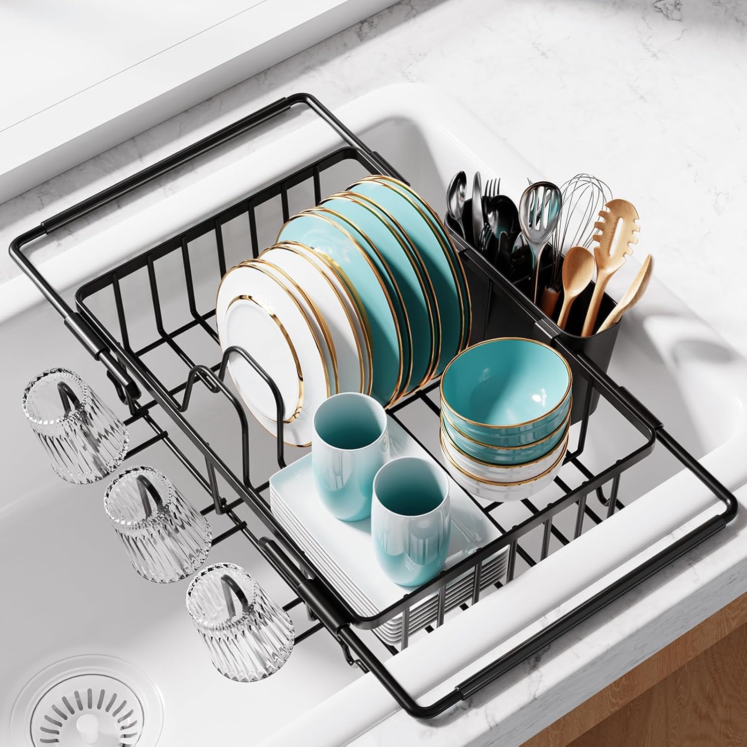 Sakugi Dish Drying Rack in Sink (Expandable Stainless Steel) with Cutlery Holder, Cup Holders, and Drain Strainer, Black