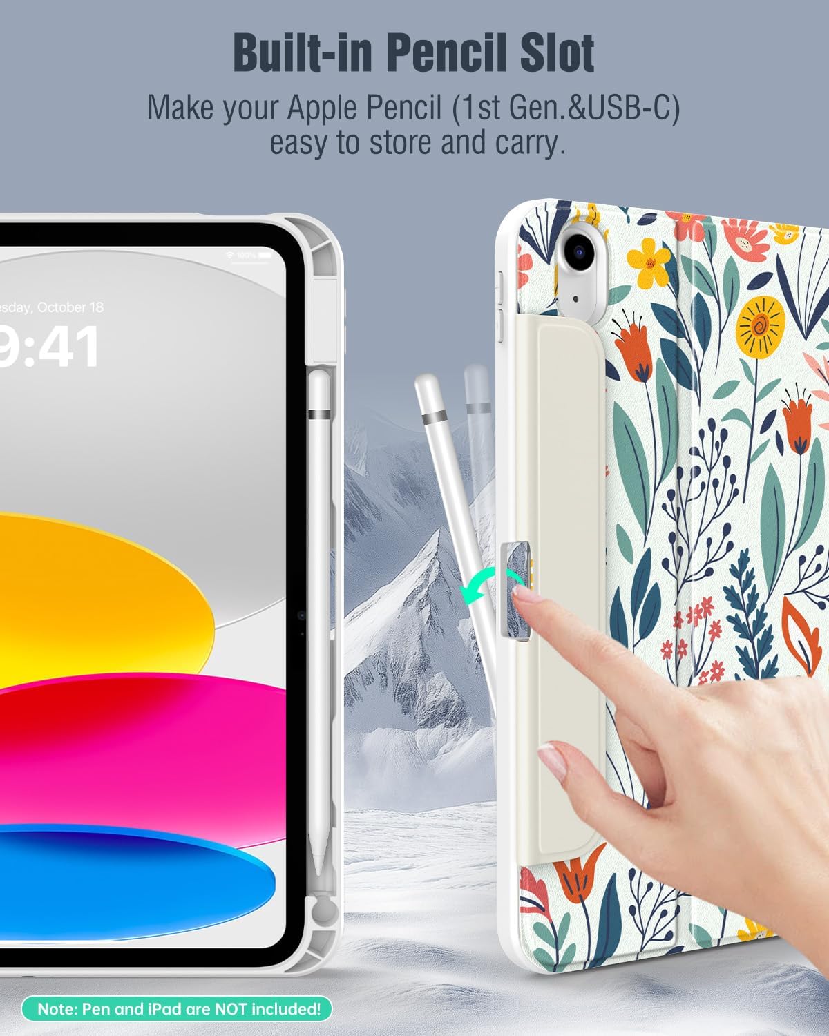 Detalle de TiMOVO Hülle für iPad (A16) 11. Generation – 11 Zoll 2025 / iPad 10. Generation 2022 mit Stifthalter, Folio-Schutzhülle in Blumenoptik
