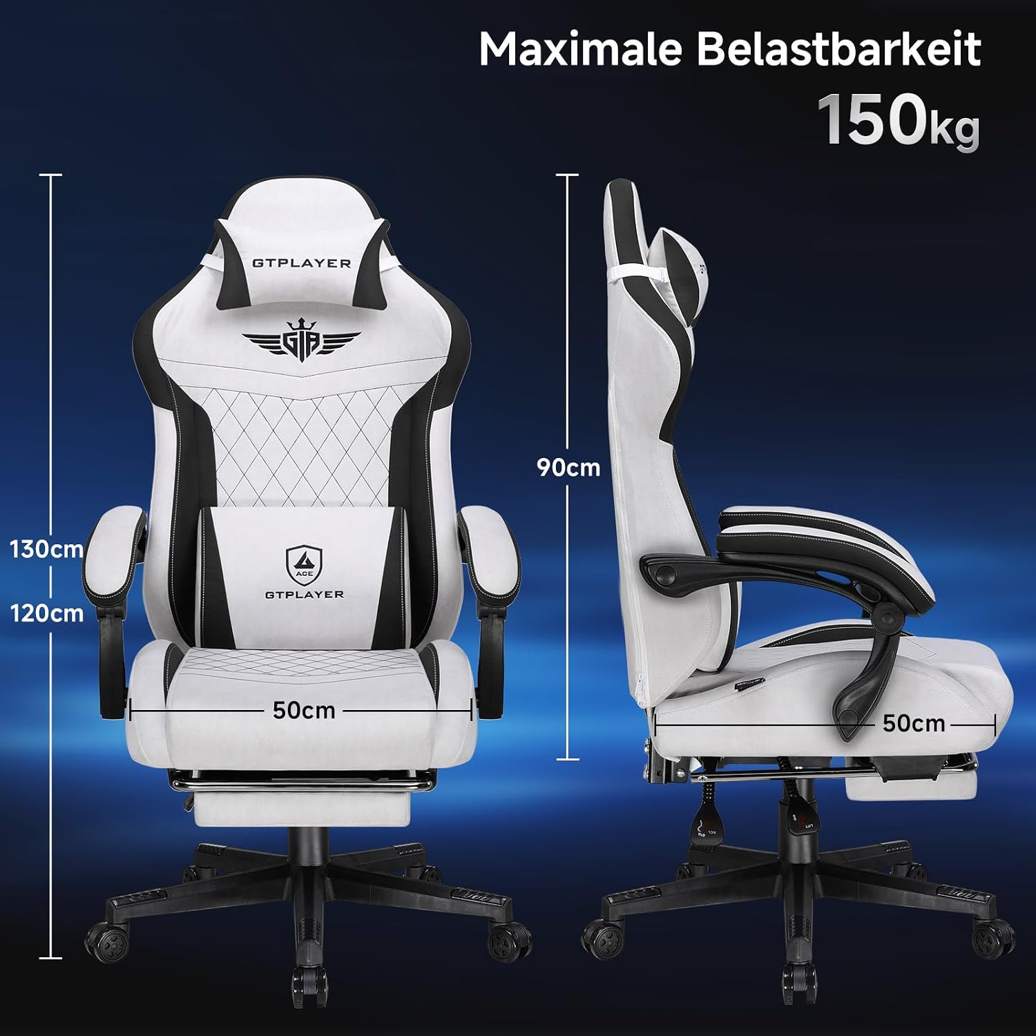 Detalle de GTPLAYER GTP-CH510 gamingstoel in stof met verstelbare rugleuning en voetensteun