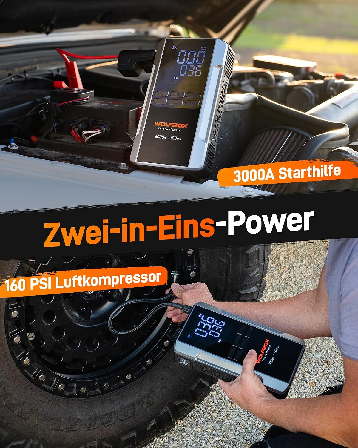 Detalle de WOLFBOX 2000A Starthilfe Powerbank mit Luftkompressor (150 PSI) und LED-Notlicht, 10.000 mAh