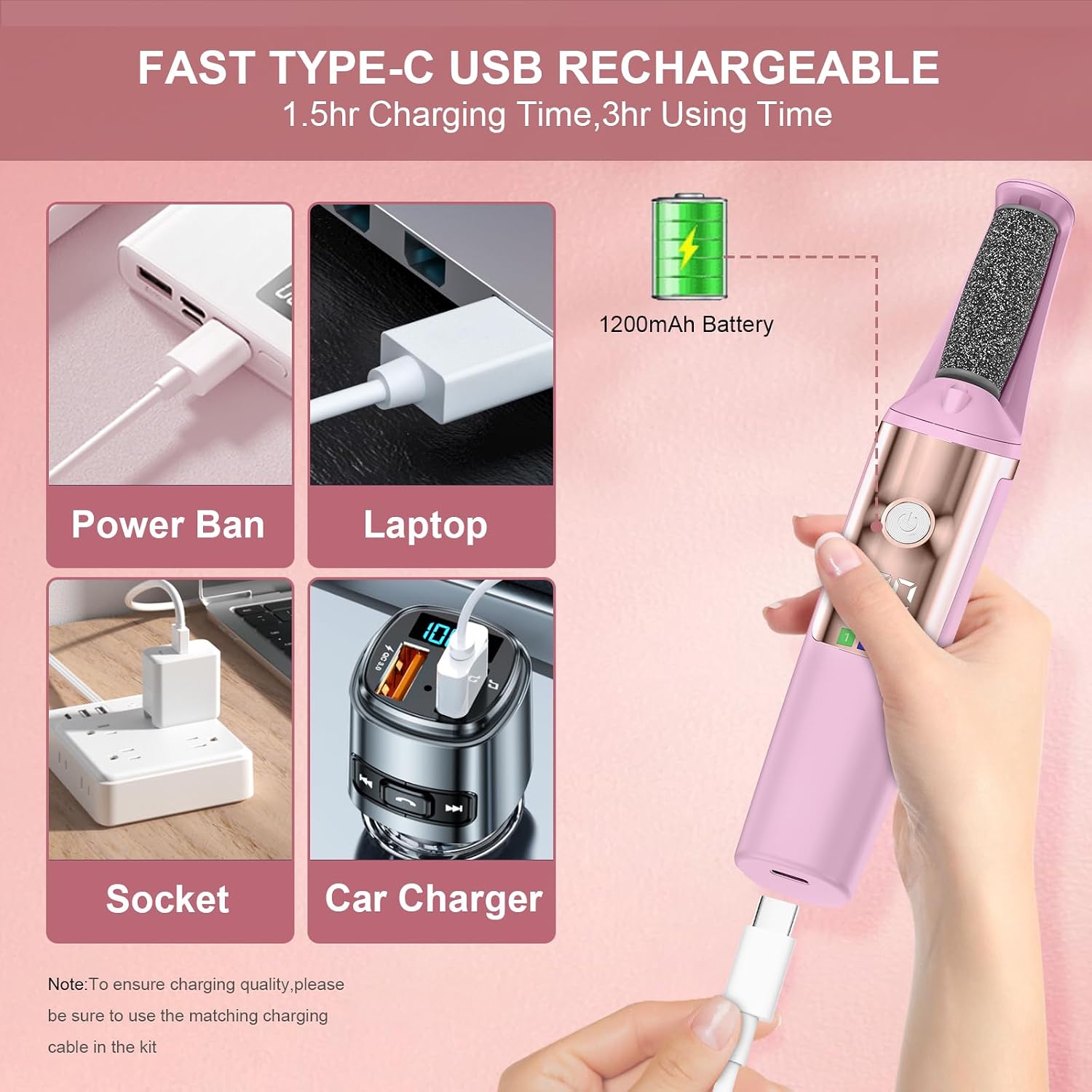 Thumbnail 6 de Dongxw Electric Foot File with 3 Speeds and 3 Rollers (Pink)