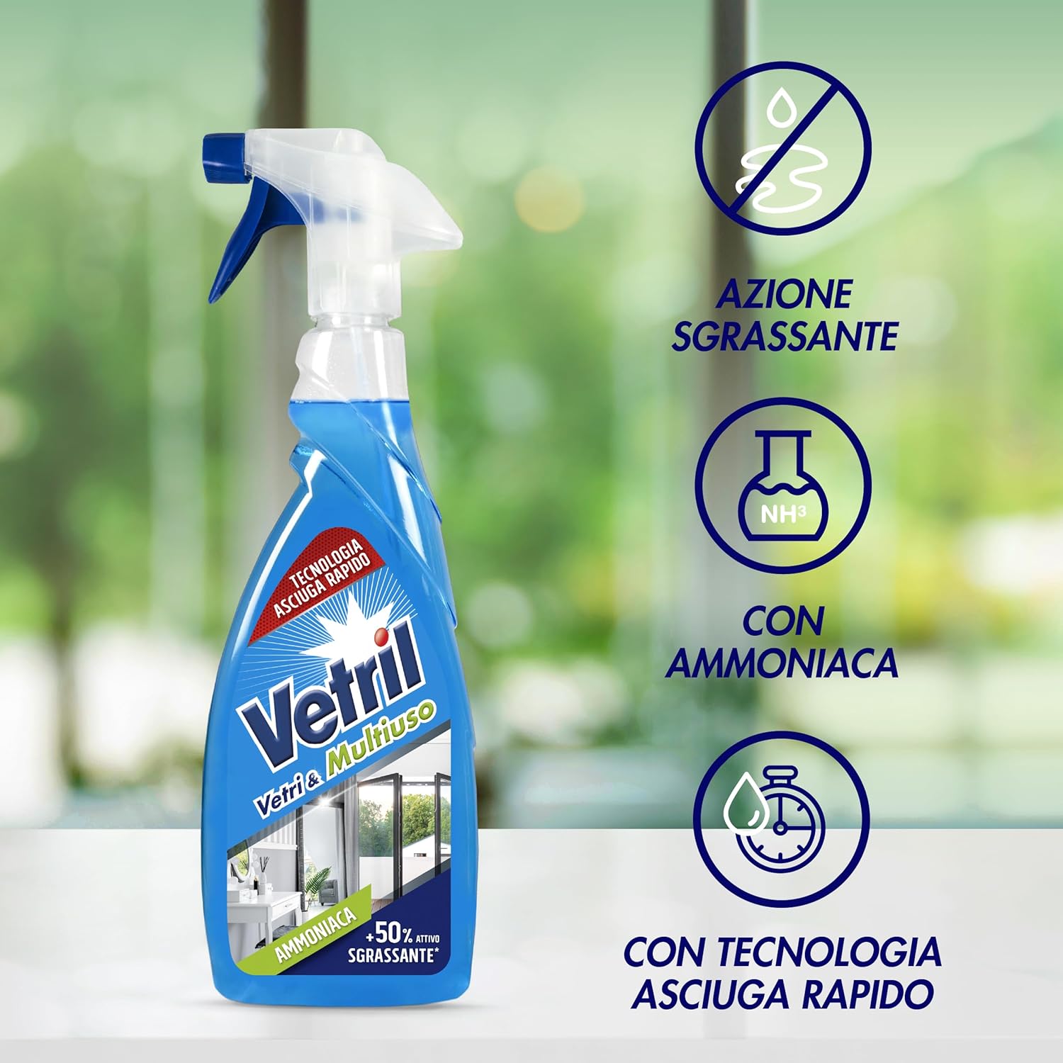 Detalle de Vetril Ammoniaca Spray 650 ml x 4 — Vetri e Superfici, azione sgrassante senza aloni