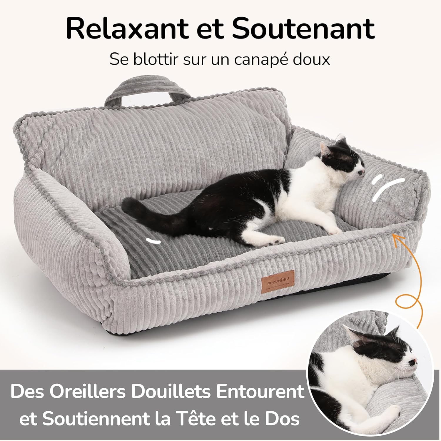 Thumbnail 2 de FUKUMARU Panier pour chien en velours côtelé avec housse lavable et fond anti-dérapant – Gris, 71 cm