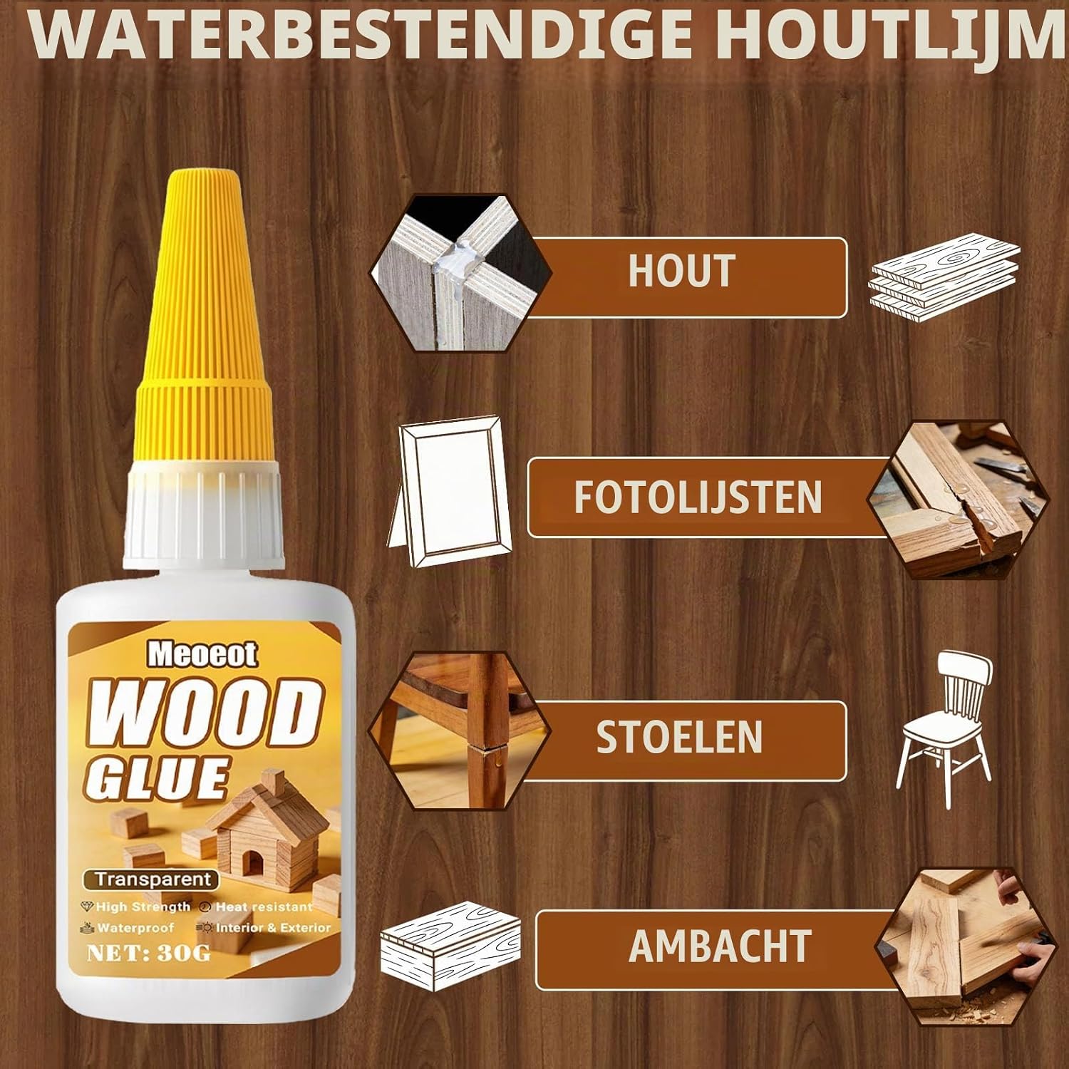 Detalle de Meoeot H001 houtlijm 30 g, transparant, waterdicht en sneldrogend