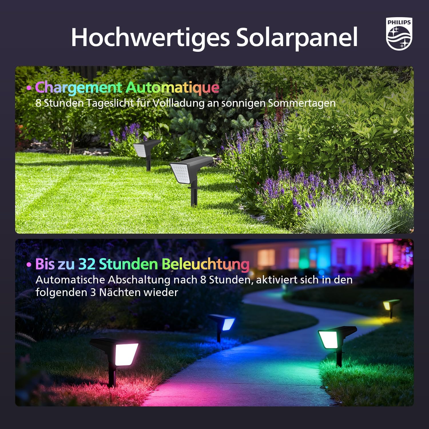 Detalle de Philips 4er-Set Solarstrahler für Außen – 18 LEDs RGBW, Dämmerung bis Morgendämmerung, wasserdicht, 9 Beleuchtungsmodi