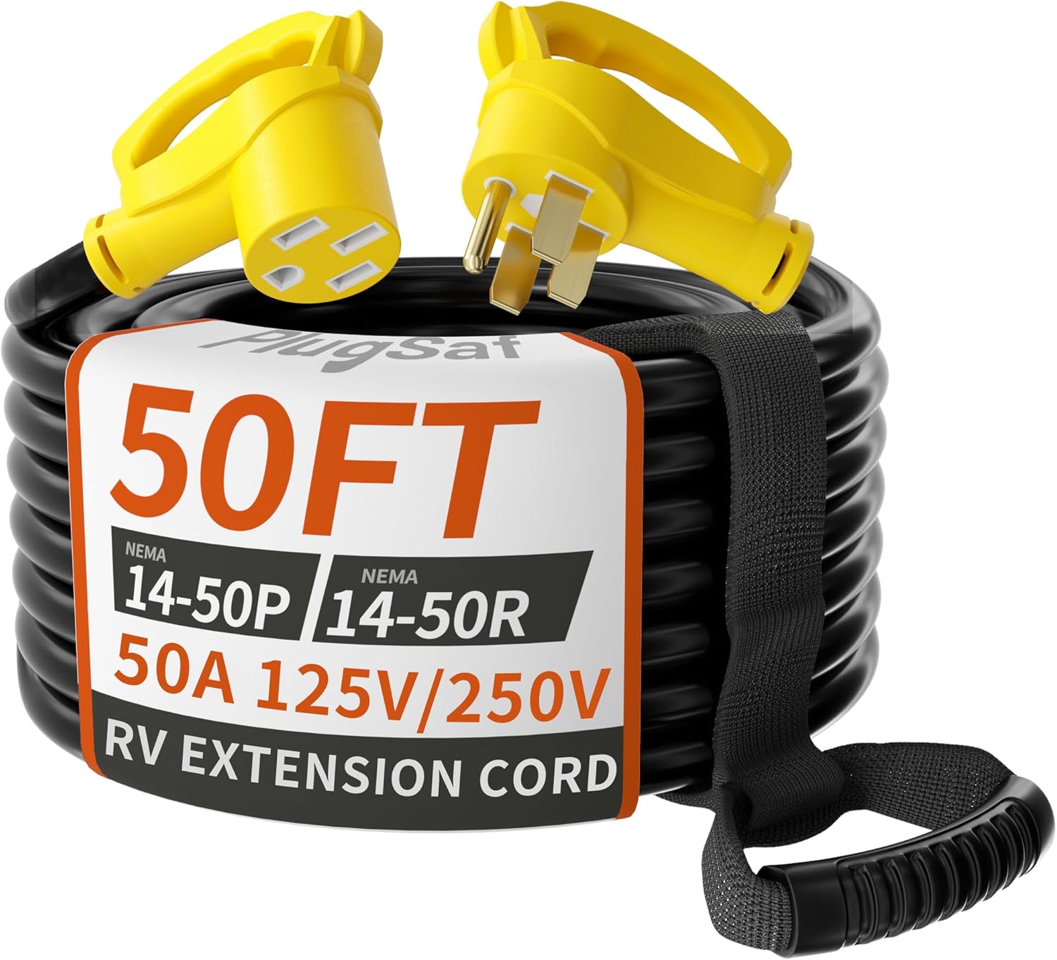 Detalle de PlugSaf 50 ft NEMA 14-50P/14-50R RV/EV Extension Cord — Weatherproof 50A, 125/250V, Grip Handle, ETL Listed