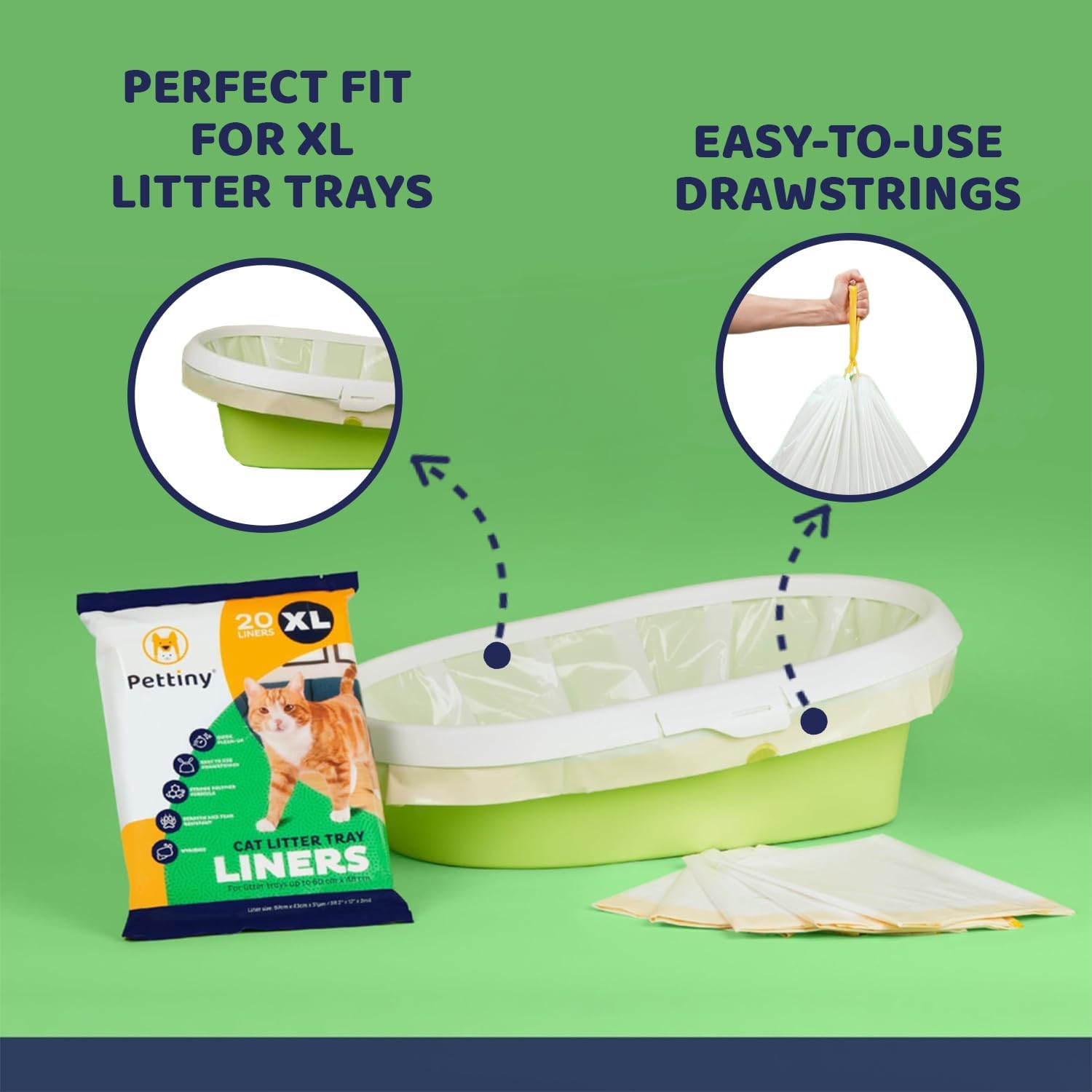 Detalle de Pettiny 20 XL Cat Litter Tray Liners with Drawstrings – Heavy-Duty, Scratch-Resistant, Leakproof Bags for Extra Large Litter Boxes
