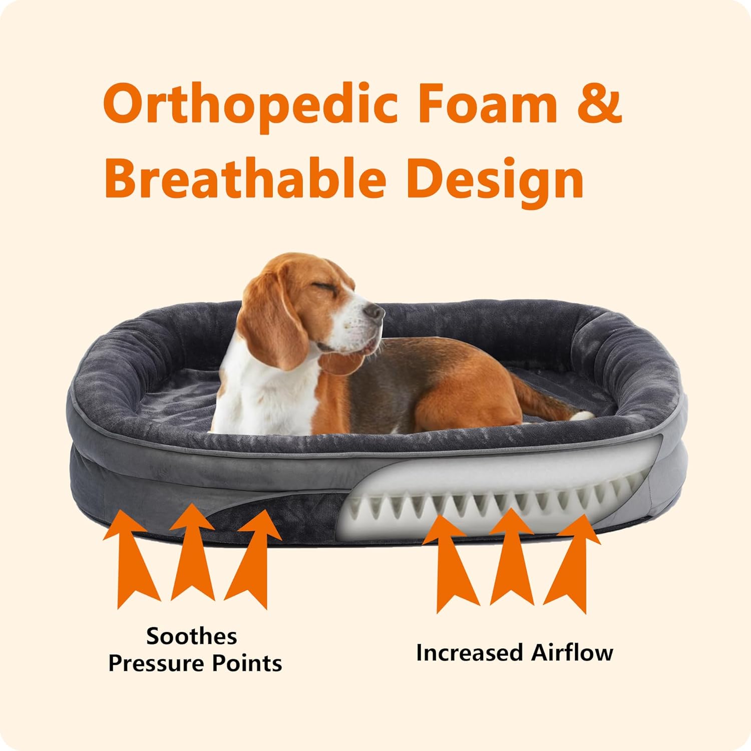 Detalle de HMTOPE Orthopädisches Hundebett (Hundesofa) mit Nackenrolle, abnehmbar & waschbar, 122 x 90 x 19 cm – Dunkelgrau