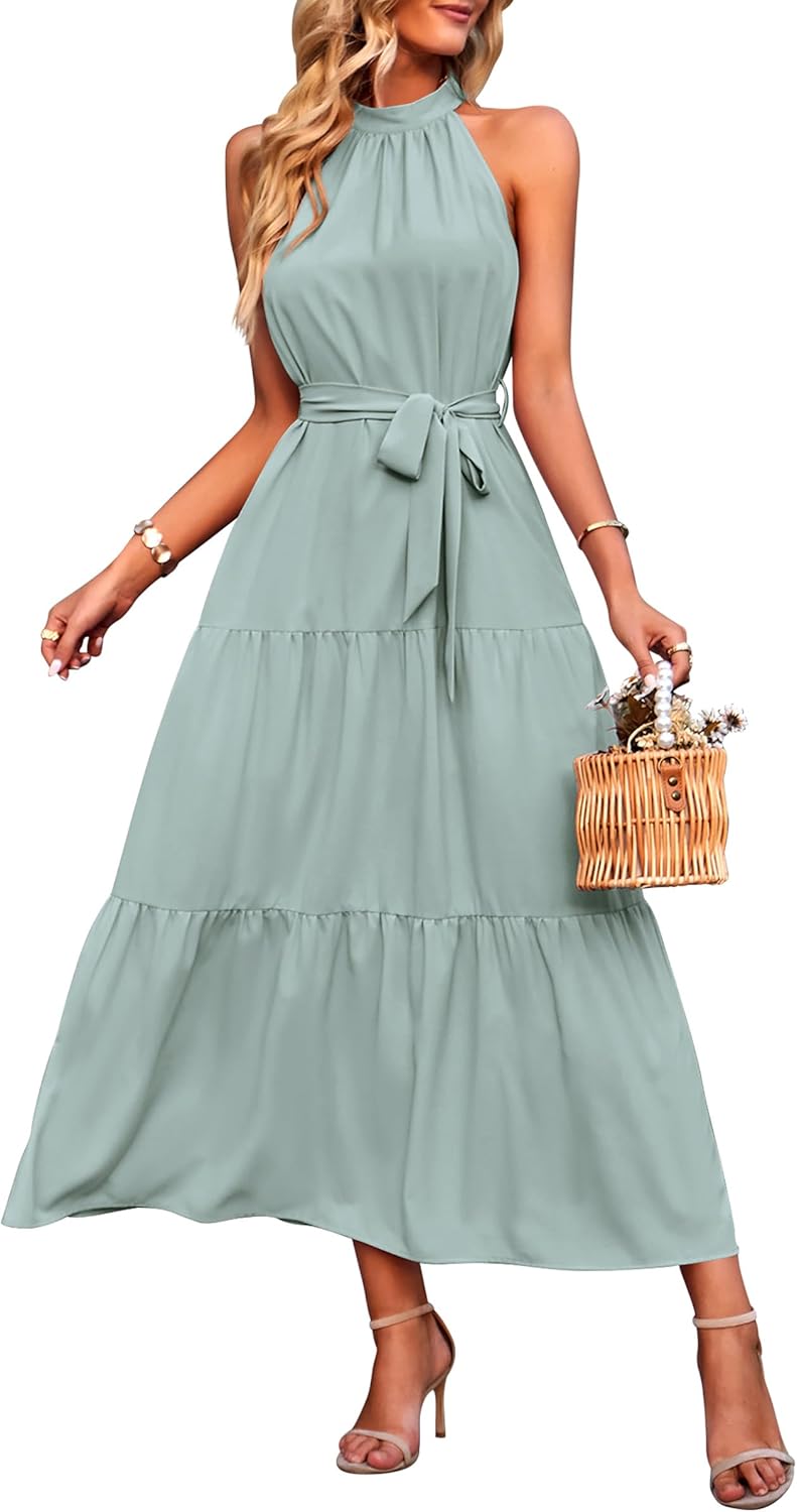 Detalle de PRETTYGARDEN Women's Summer Floral Maxi Sun Dress with Halter Neck and Belt