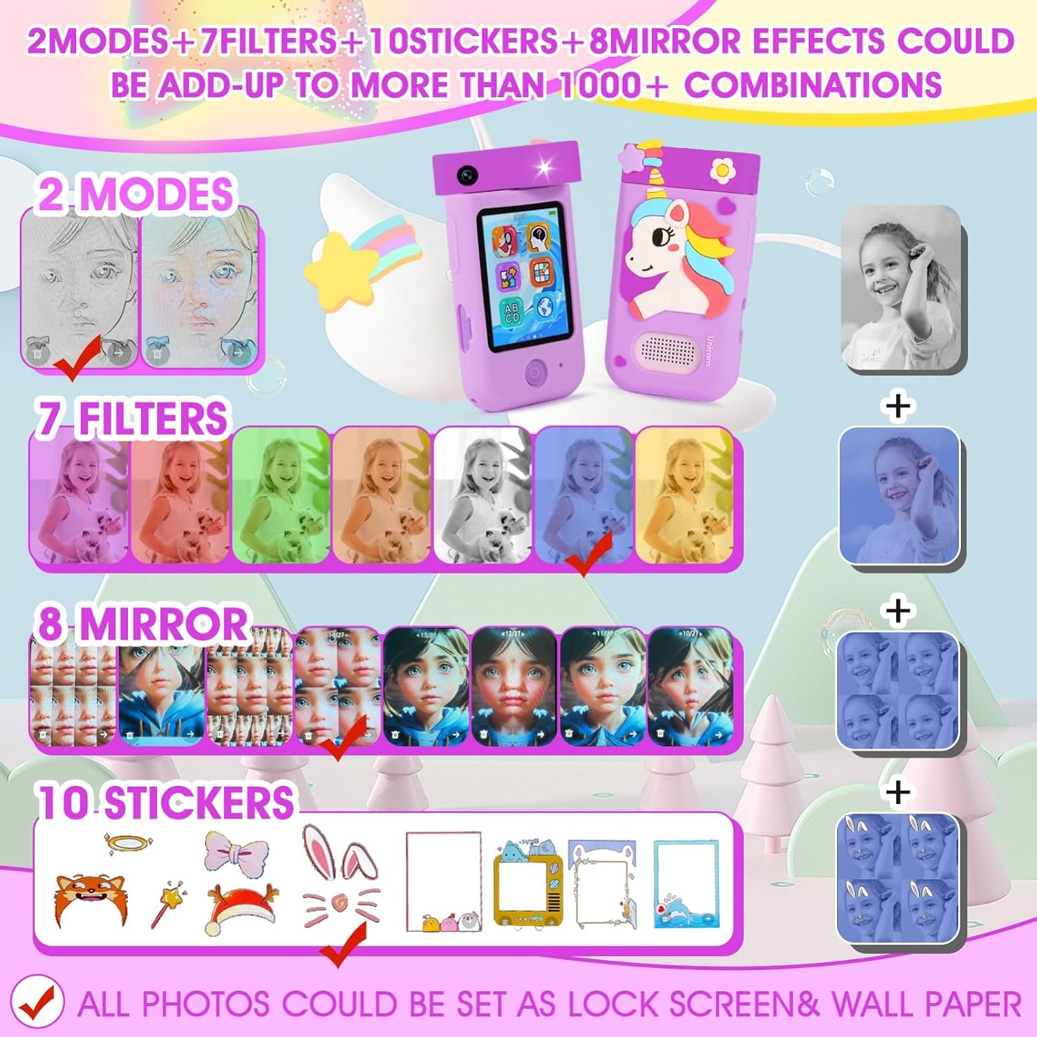 Thumbnail 2 de ARNSSIEN Macchina Fotografica per Bambini A200 con Obiettivo Girevole 180° – 1080P, touchscreen 2,8" e Custodia in Silicone
