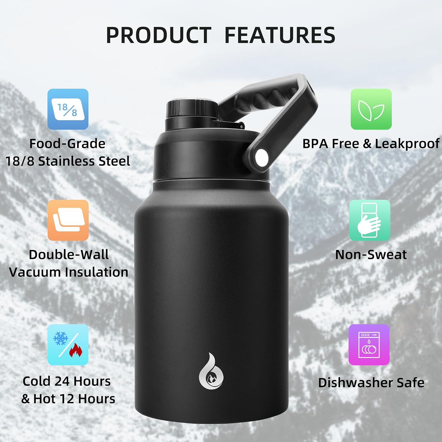 Detalle de BJPKPK 64 oz Insulated Water Bottle (Half Gallon) with Ergonomic Handle, Leak-Proof BPA-Free Stainless Steel Jug