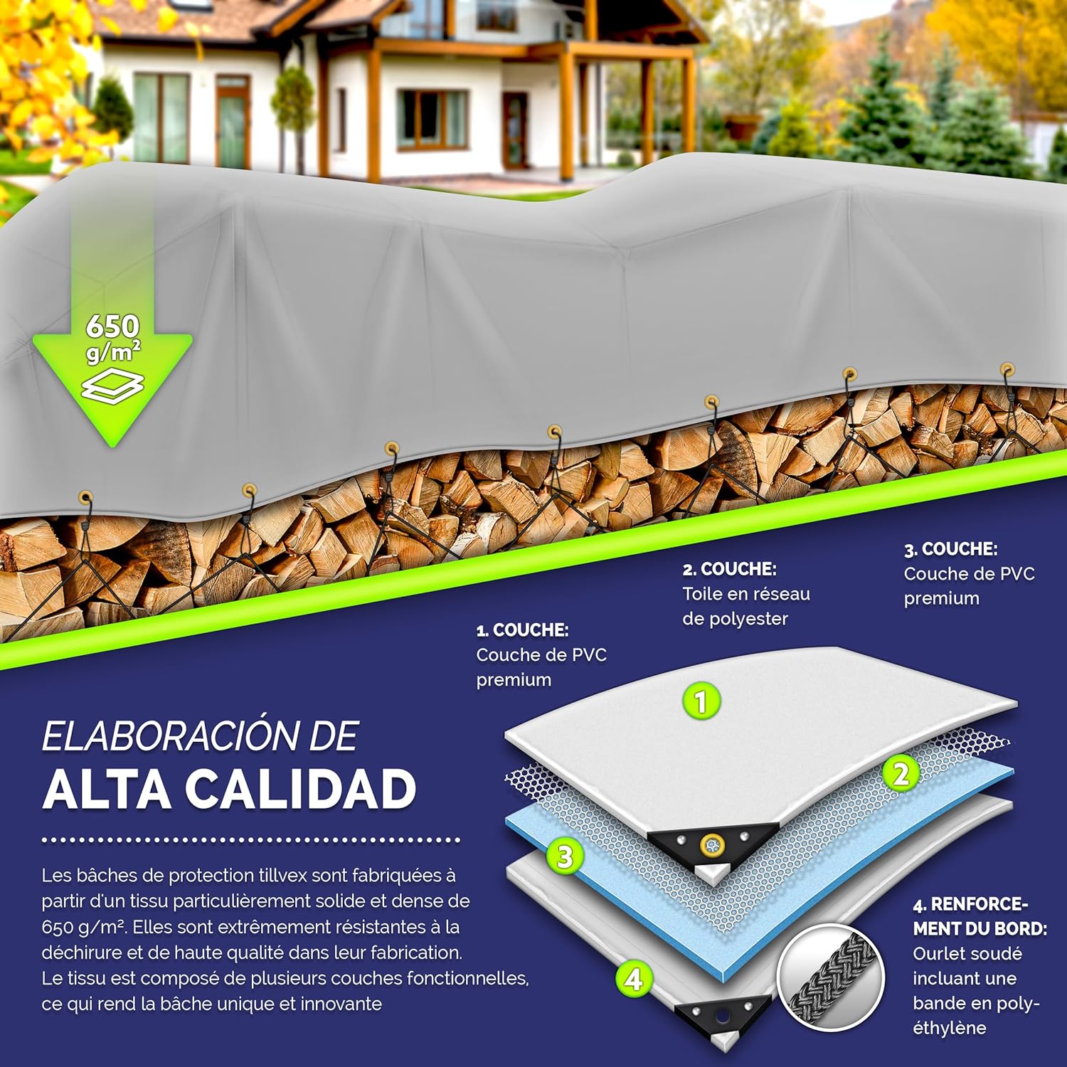 Thumbnail 2 de tillvex® Bâche de protection PVC 650 g/m² avec œillets, 10 crochets et corde de tension (15 m)