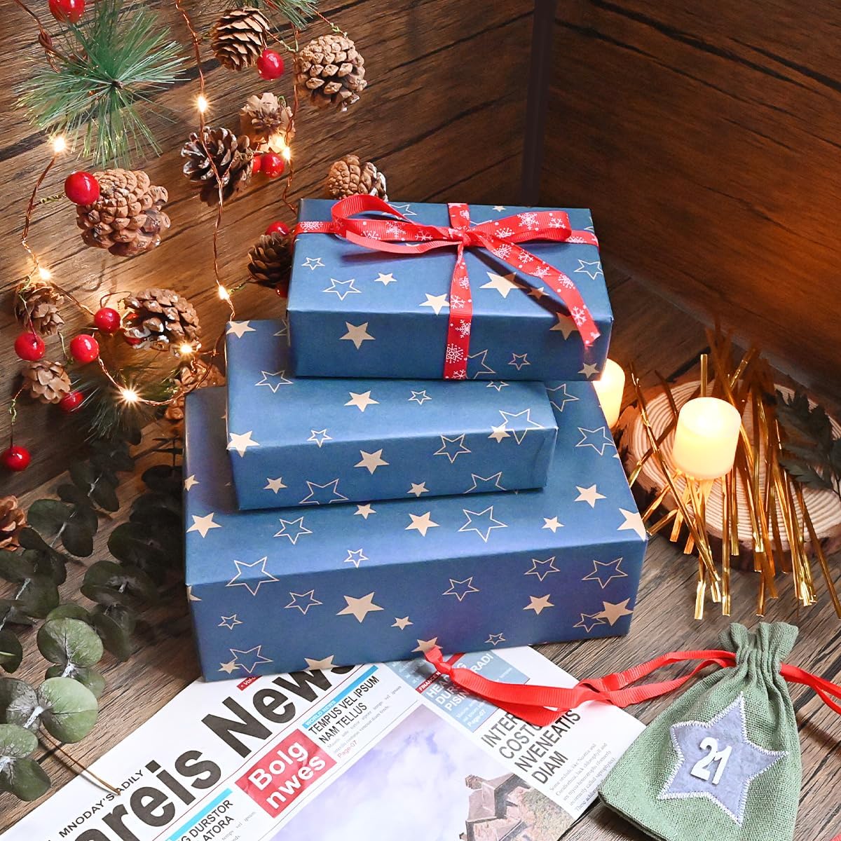 Detalle 2 de Blue Star Wrapping Paper Roll 43cm x 15m – Birthday Kraft Gift Wrap