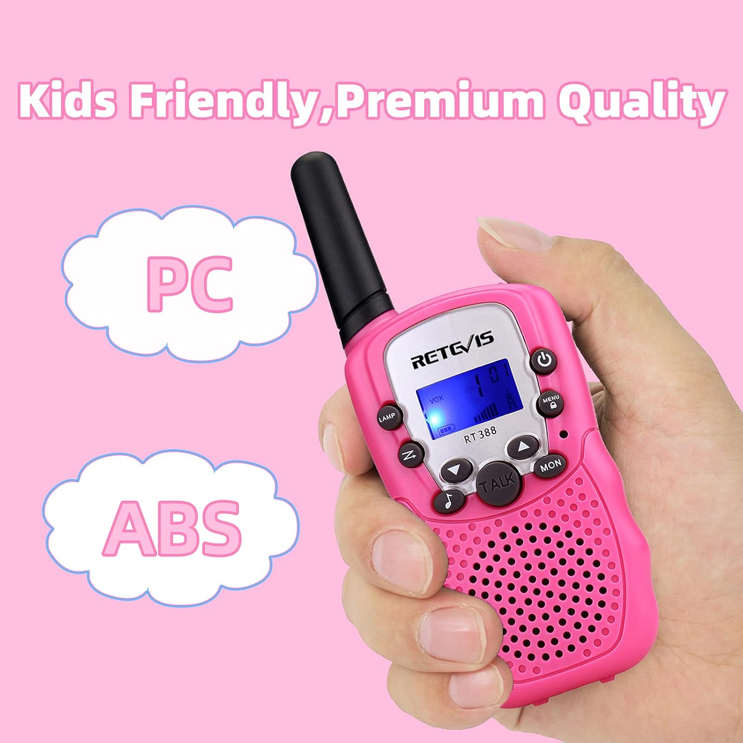 Detalle de Retevis RT388 talkie-walkie enfants (rose) – portée longue, 8 canaux et 99 codes de confidentialité