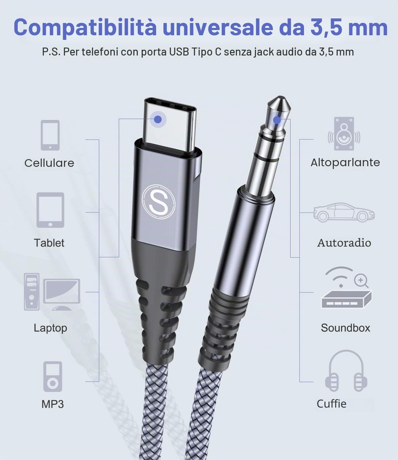 Detalle 2 de Sweguard: Cavo adattatore USB-C a 3,5 mm (1,2 m) per Huawei, Samsung, Xiaomi e altro – audio ad alta fedeltà
