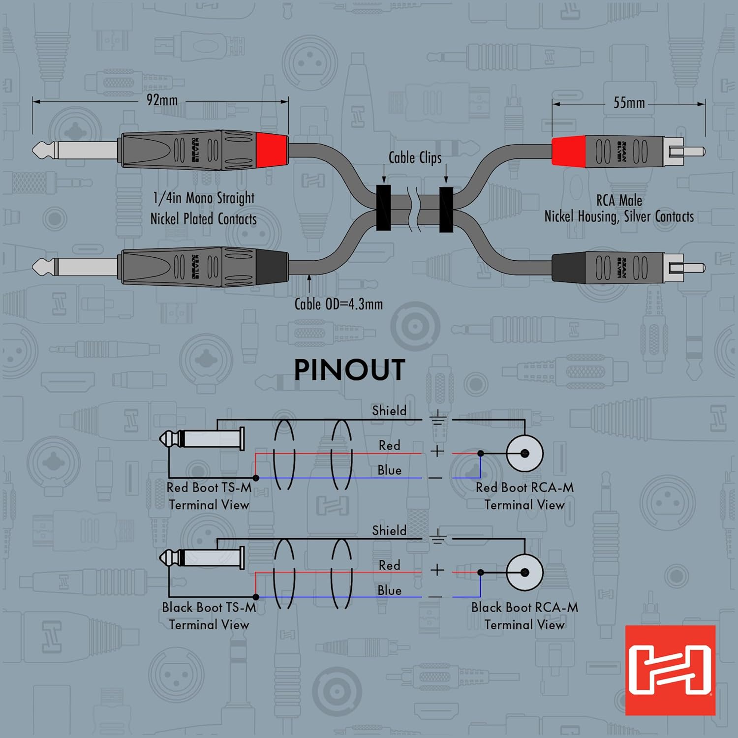 Detalle de Hosa HPR-005X2 Unbalanced Interconnect Cable (Dual TS to Dual RCA) — 5 ft