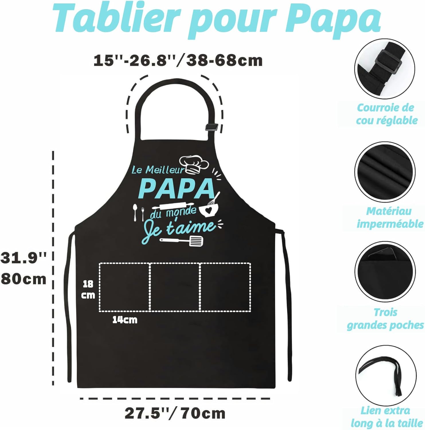 Thumbnail 2 de Jbniuay Cadeau fête des mères – Tablier cuisine à trois poches, réglable et élégant