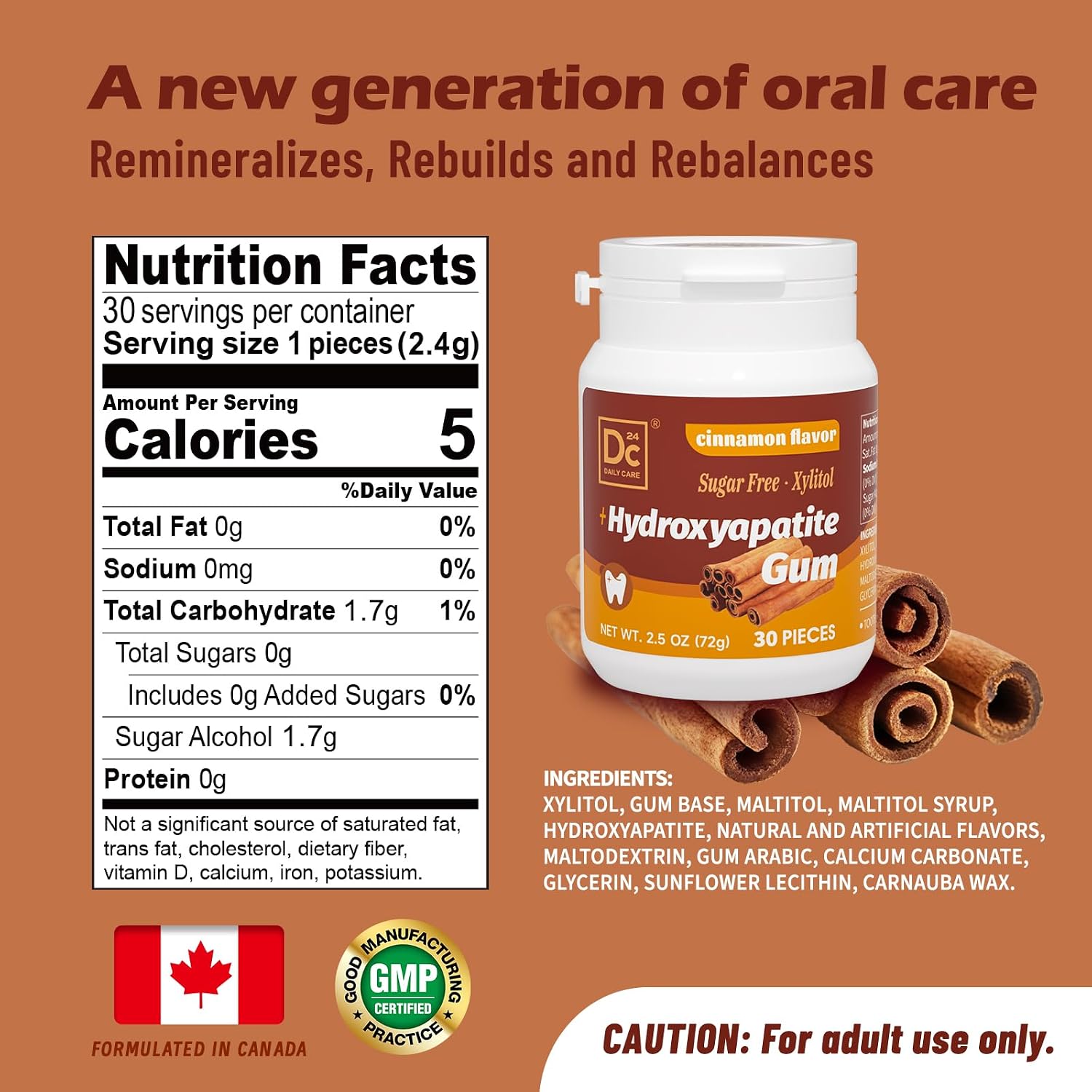Detalle de DC24 DAILY CARE Remineralizing Hydroxyapatite Gum, Cinnamon, 90 Count