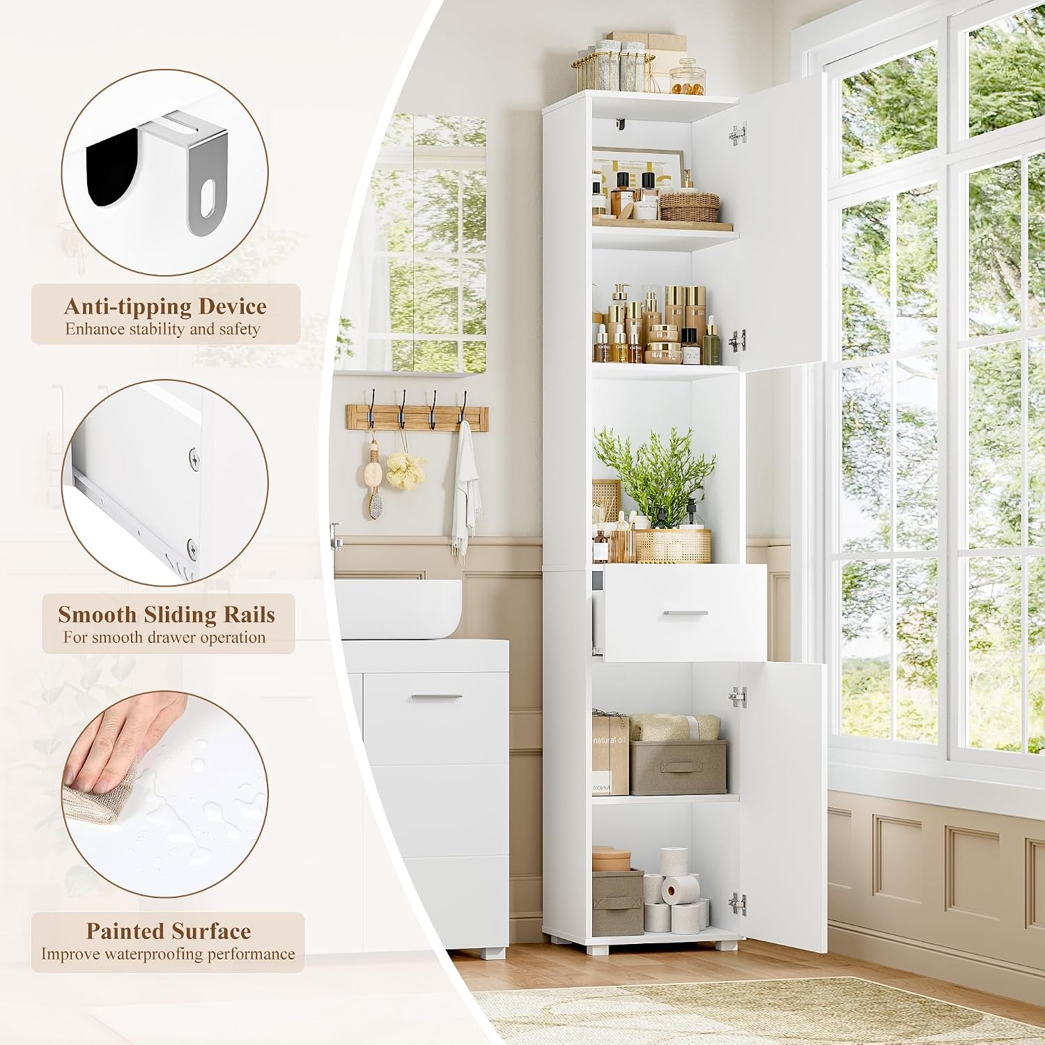 Detalle de FOREHILL 180cm Tall Bathroom Cabinet, Slim White Storage with Drawer