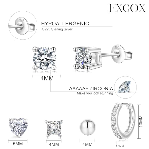 Detalle de EXGOX Sterling Silver Stud Earrings – 5 Pairs of Hypoallergenic 925 Silver Hearts, Balls and Cubic Zirconia