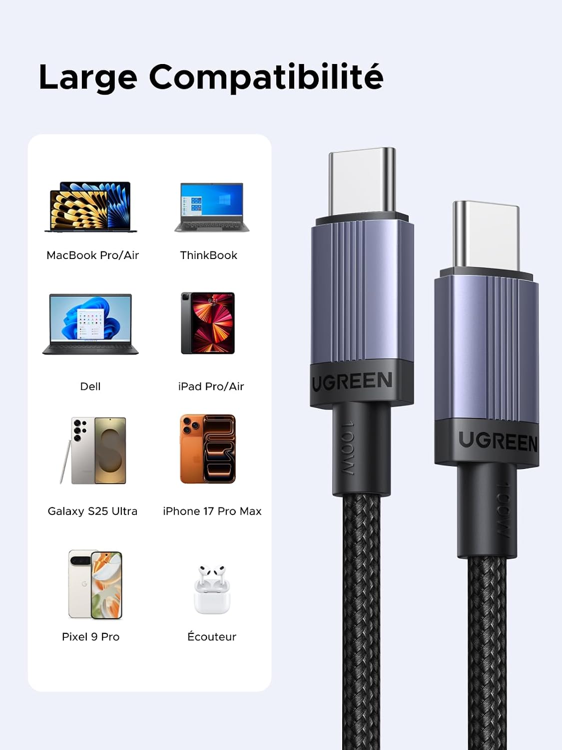 Detalle 2 de UGREEN USB-C-kabel 100 W, 3 m, gevlochten nylon en gegevensoverdracht