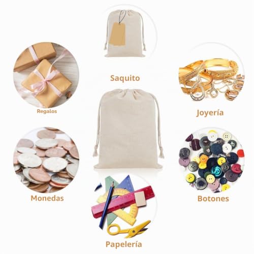 Detalle 2 de OFFCUP 30 Bolsas de Algodón con Cordón 8x10 cm: reutilizables para regalos, DIY y organización