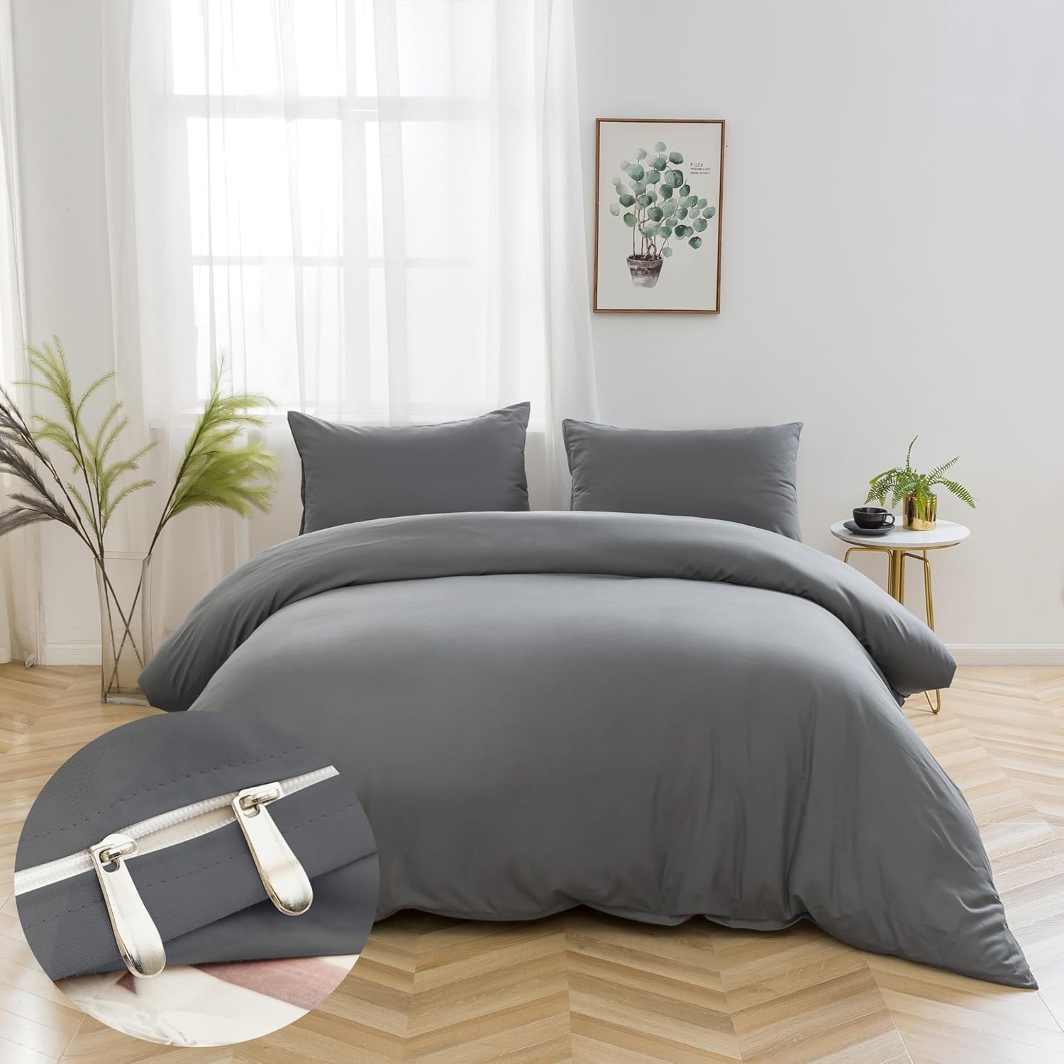 Detalle de Parure de lit AYSW 16 couleurs : housse de couette 140x200 cm + taie 65x65 cm en microfibre grise