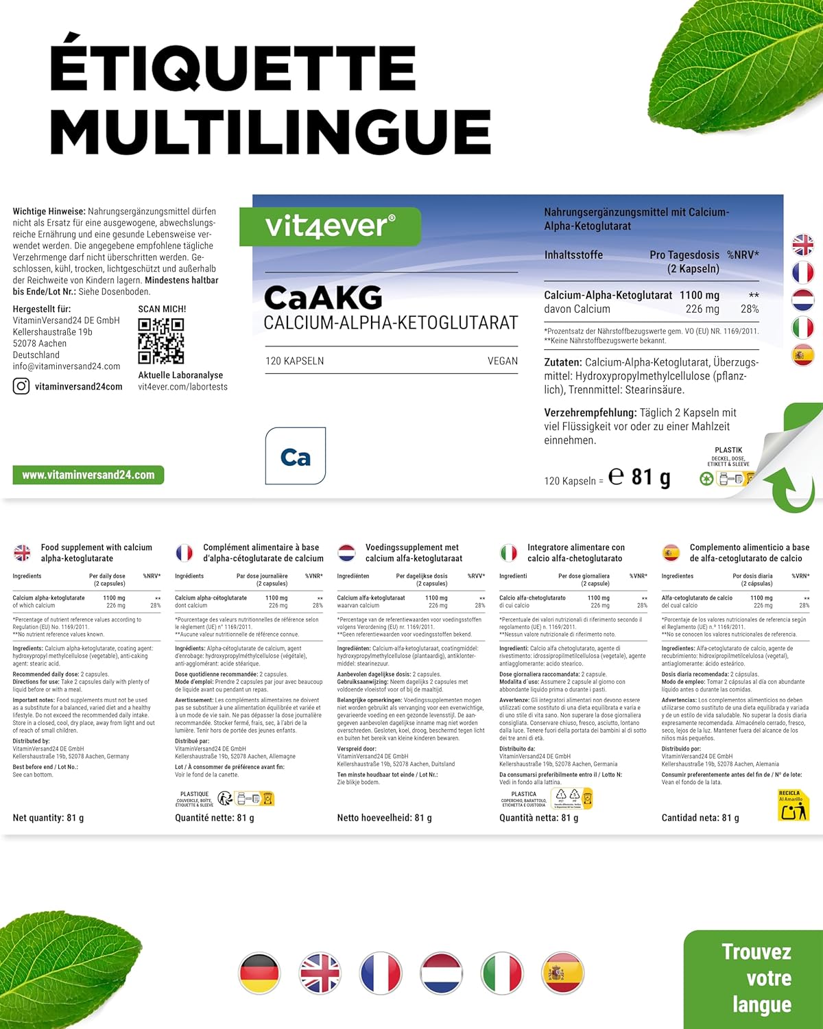 Detalle de CaAKG - Calcium Alpha-Cétoglutarate 1100 mg par dose, 120 gélules | Vit4ever