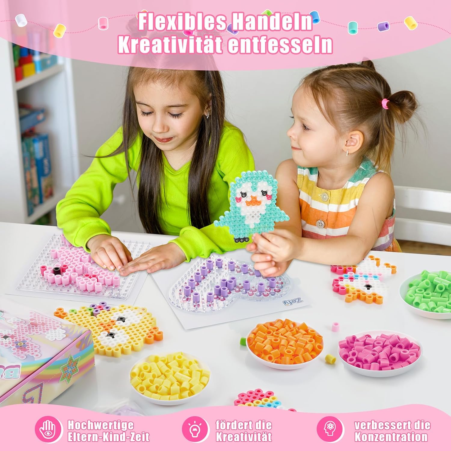 Detalle de Zefy 10mm Bügelperlen Set Maxi: 1100 XL Perlen, 4 Steckplatten und Geschenkbox (Pastell)
