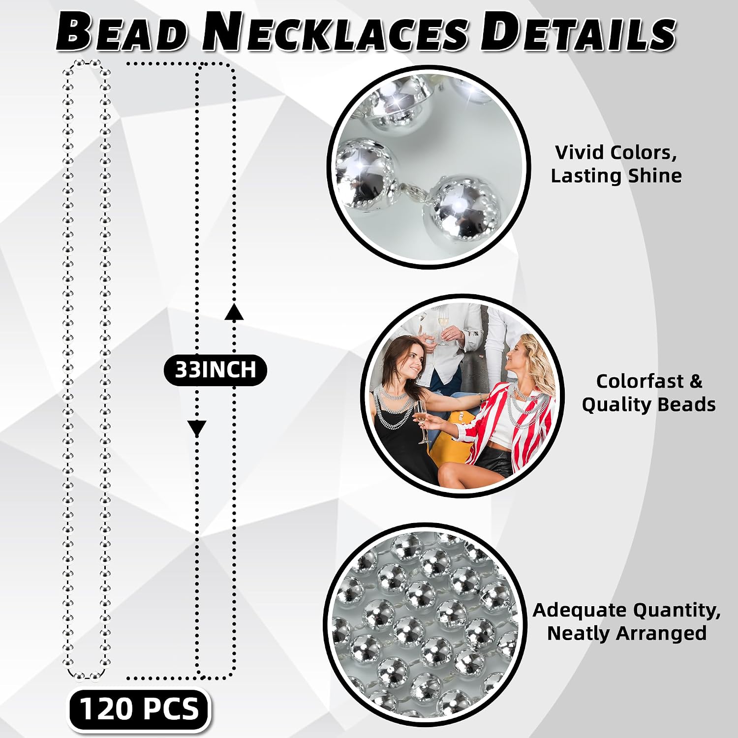 Thumbnail 1 de 120 PCS Silver Bead Necklaces (33-Inch) for Mardi Gras, Christmas, 4th of July & New Year Eve Parties