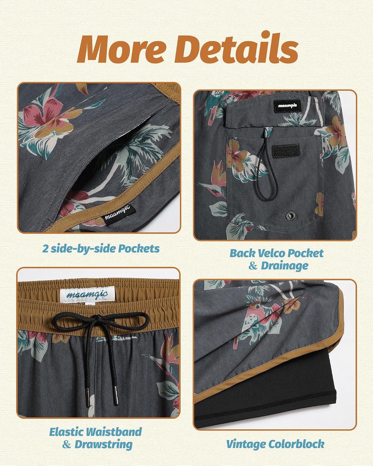 Detalle de Maamgic Men's 80s/90s Vintage 5.5" Swim Trunks - 2-in-1 Quick Dry Board Shorts