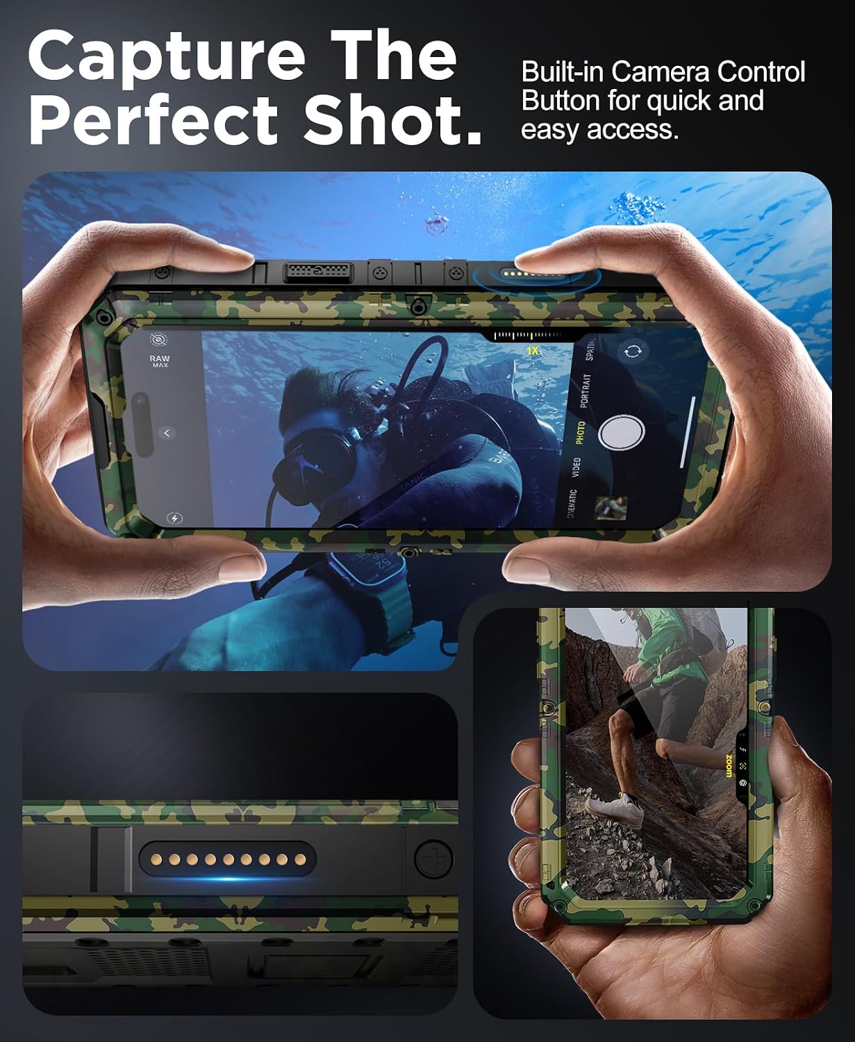 Detalle 2 de Beeasy Robust Series Waterproof iPhone 16 Case (Camo) — heavy duty full-body protection with built-in screen cover