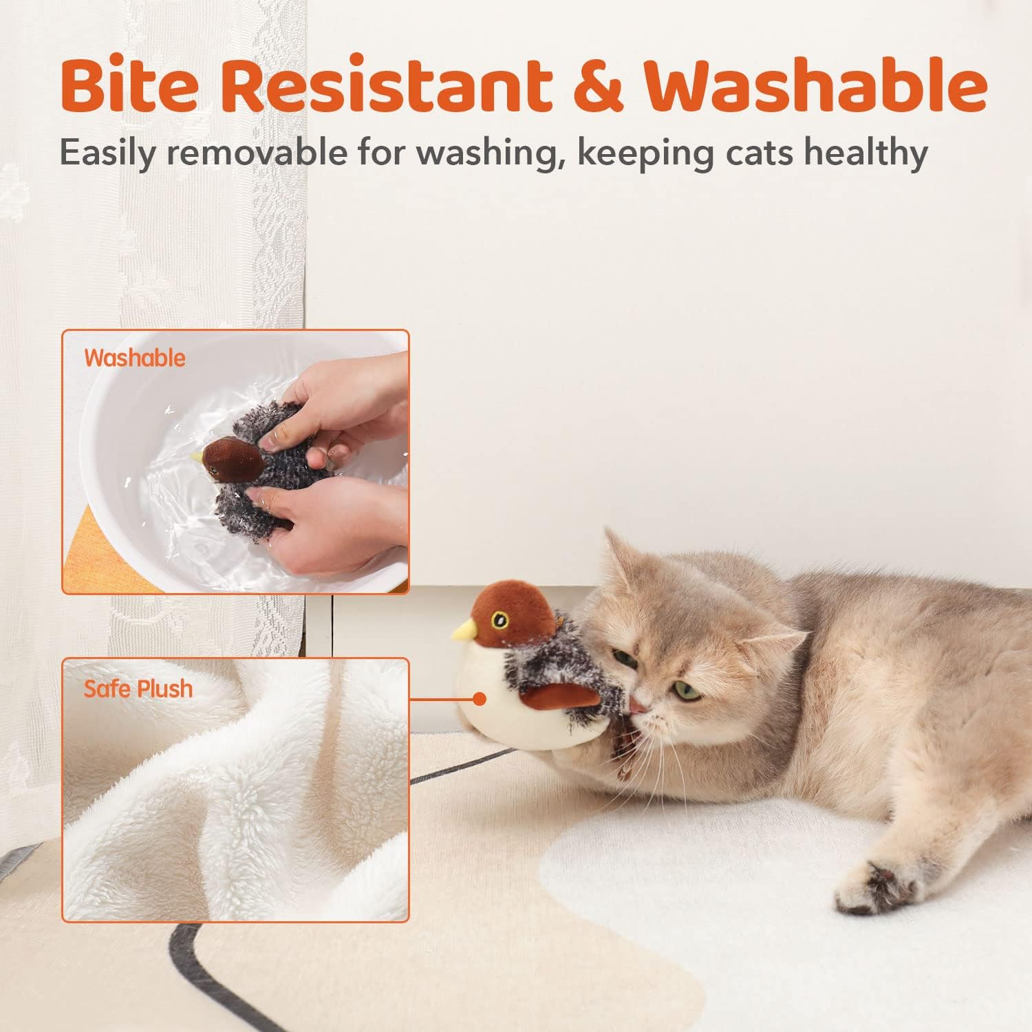Detalle de Potaroma Rechargeable Flapping Bird Sparrow Cat Toy (Touch Activated, Lifelike Chirp) – 10 cm