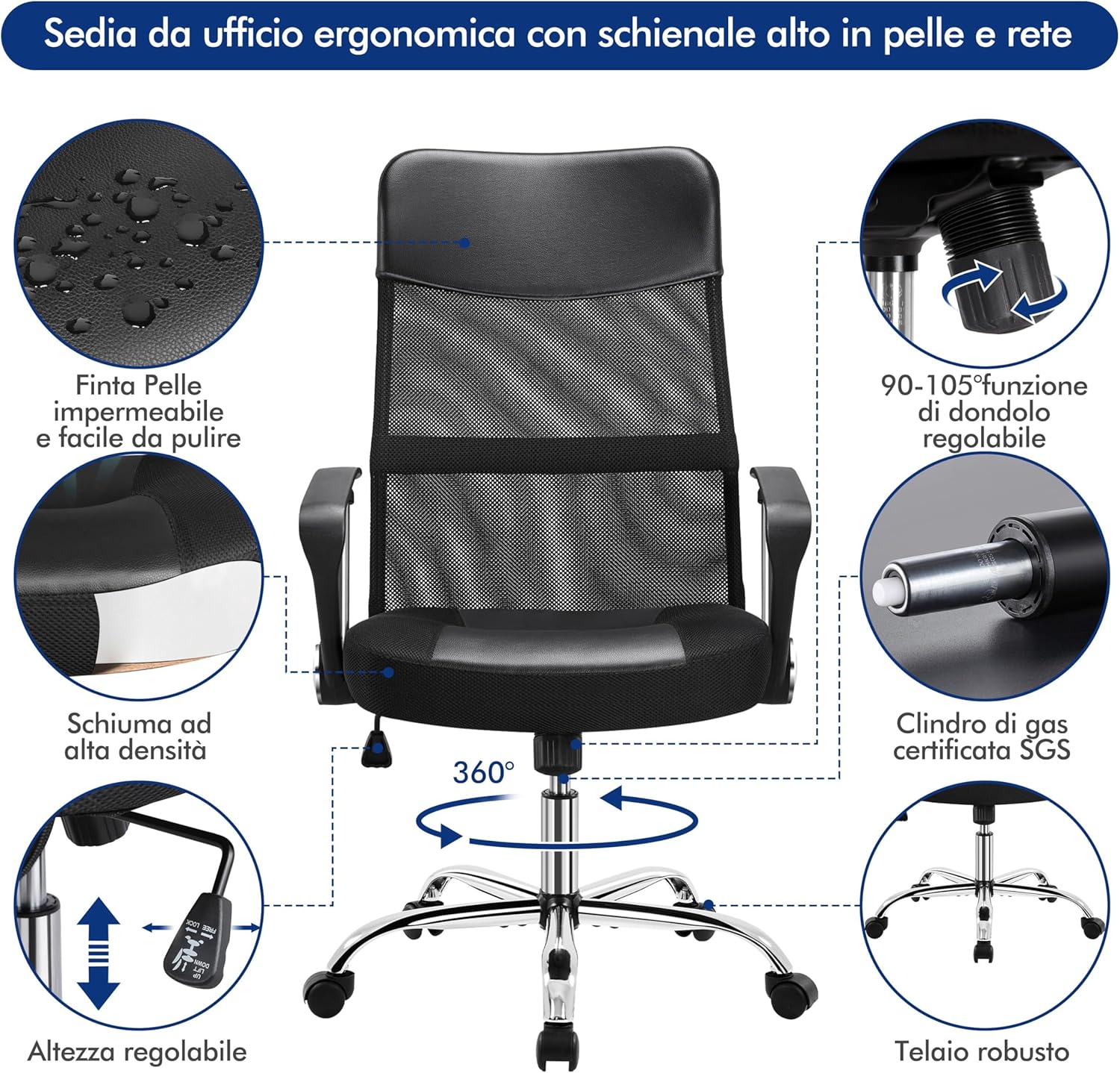 Thumbnail 4 de Yaheetech Sedia Ufficio ergonomica con schienale alto reclinabile, altezza regolabile e portata 135 kg