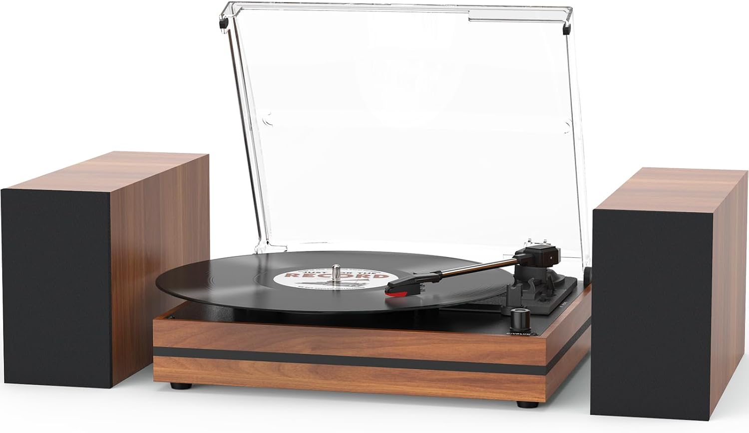 Detalle de Vintage Belt-Drive Record Player with Dual External Speakers (3 Speed, Wood Red)