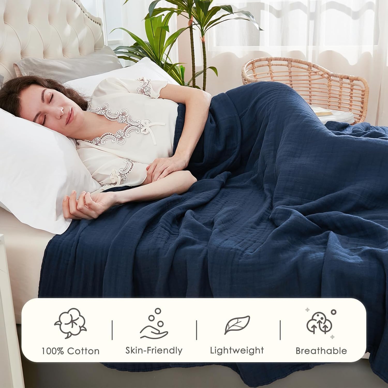Thumbnail 1 de EMME Cotton Blanket Queen Size (90" x 90"), Navy — Soft, Breathable Muslin Blanket for All Seasons