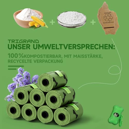 Detalle de TRIGRAND – Bolsas para excrementos de perro, 420 bolsas en 30 rollos con dispensador biodegradable y perfumado (lavanda)