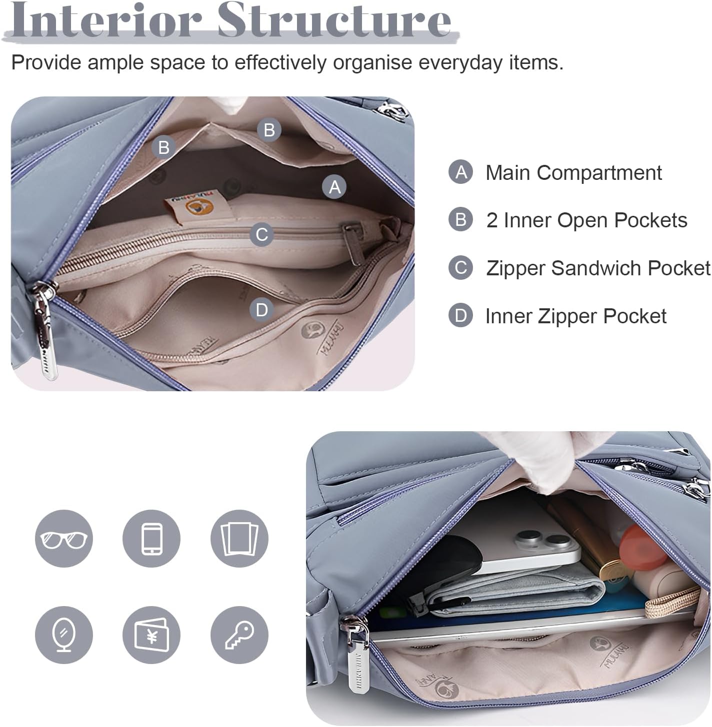 Detalle de LassZone Women's Multi-Pocket Casual Crossbody Bag – Water-Resistant Nylon, Adjustable Strap
