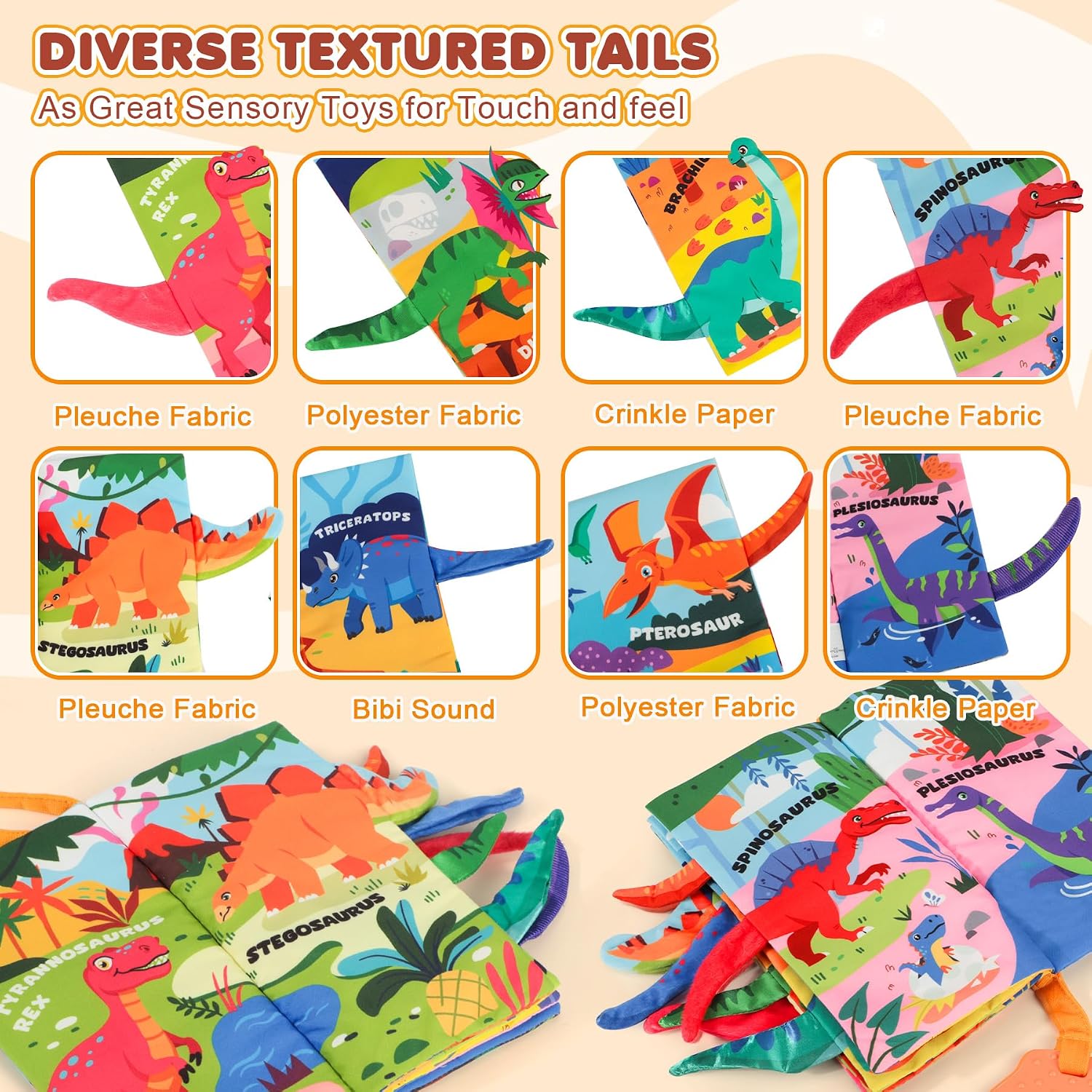 Detalle 1 de BBWOO Soft Baby Book Toy with Crinkle Sounds, Textured Tails and Teether