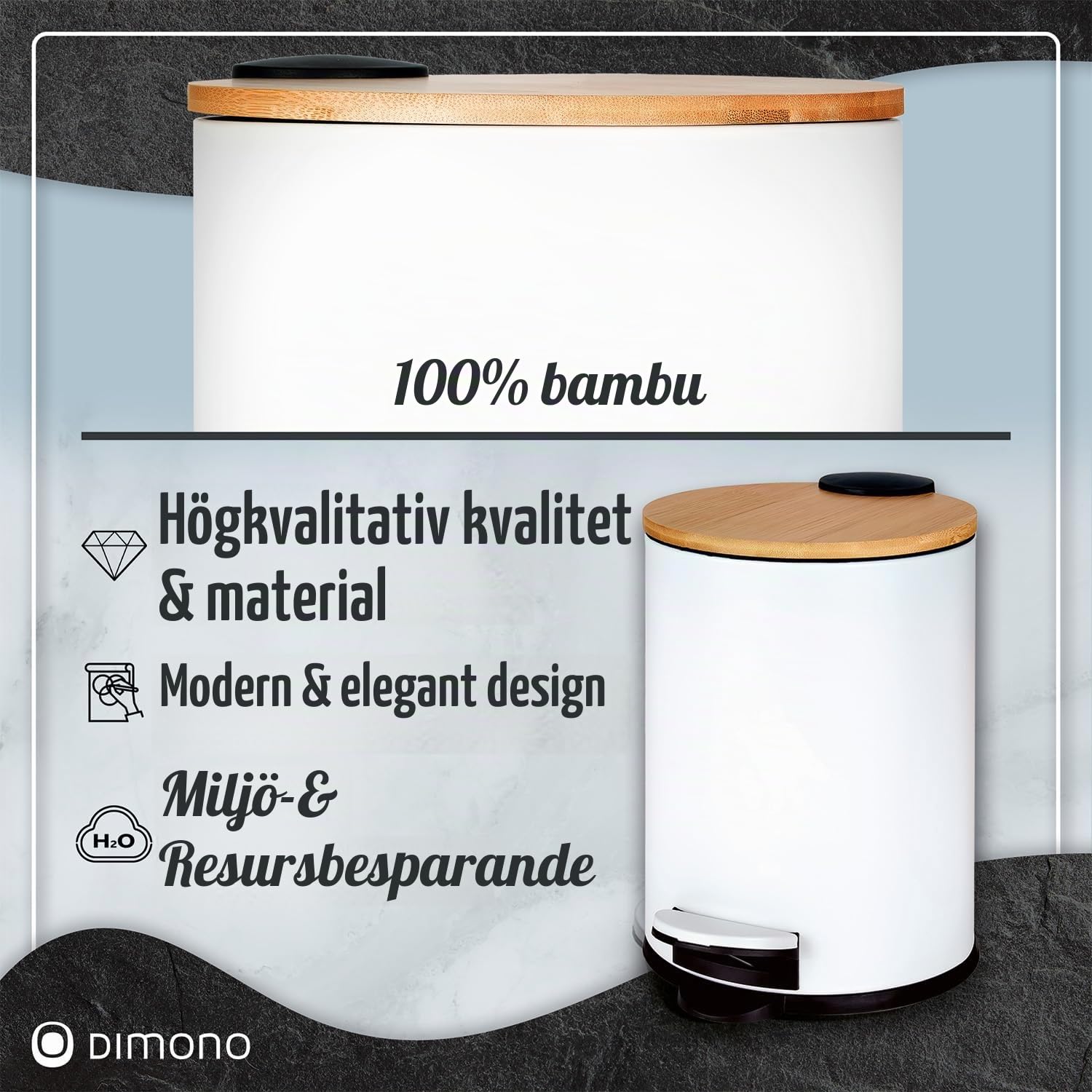 Thumbnail 1 de Dimono pedalhink 3 liter med bambulock, vit stålbehållare och löstagbar innerhink