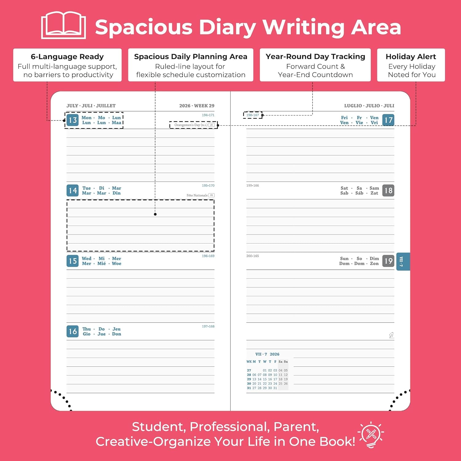 Thumbnail 2 de IN-LUXPRO Academic Diary 2026-2027 – Pocket A6 Week to View Slim (16.4x9.5cm) in Rose Red PU Leather