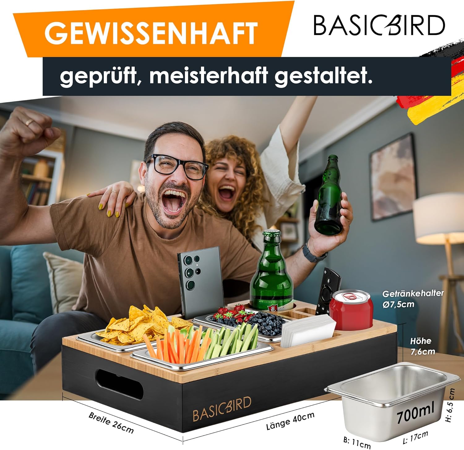 Thumbnail 6 de BASICBIRD® Couchbar Snackbox: Organizer-Tablett mit 3 Snackschalen, Getränkehalter und Fächern (Black Body)