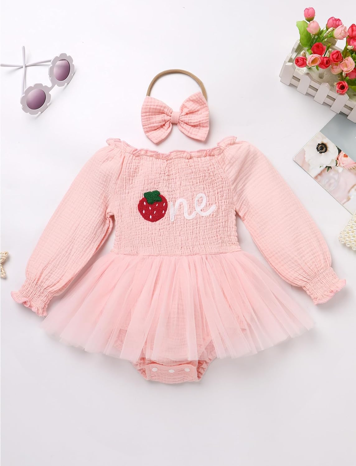 Thumbnail 2 de EFOGEP Baby Girls First Birthday Outfit: Princess Long Puff Sleeve Tulle Dress & Bowknot Headband 2-Piece Set