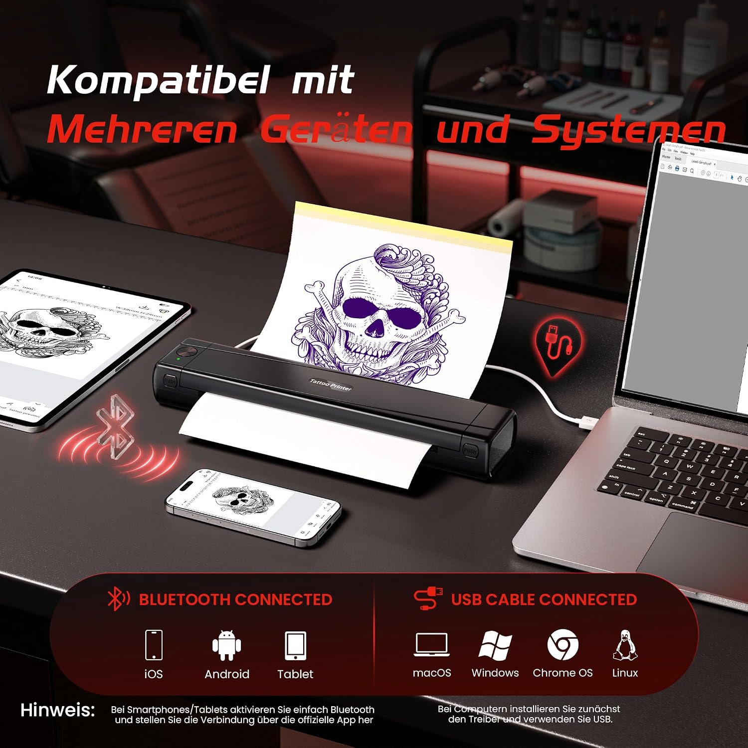 Detalle de TATTMUSE Tattoo Drucker Bluetooth – Schablonen-Nadeldrucker mit 100 Blatt Transferpapier (A887)