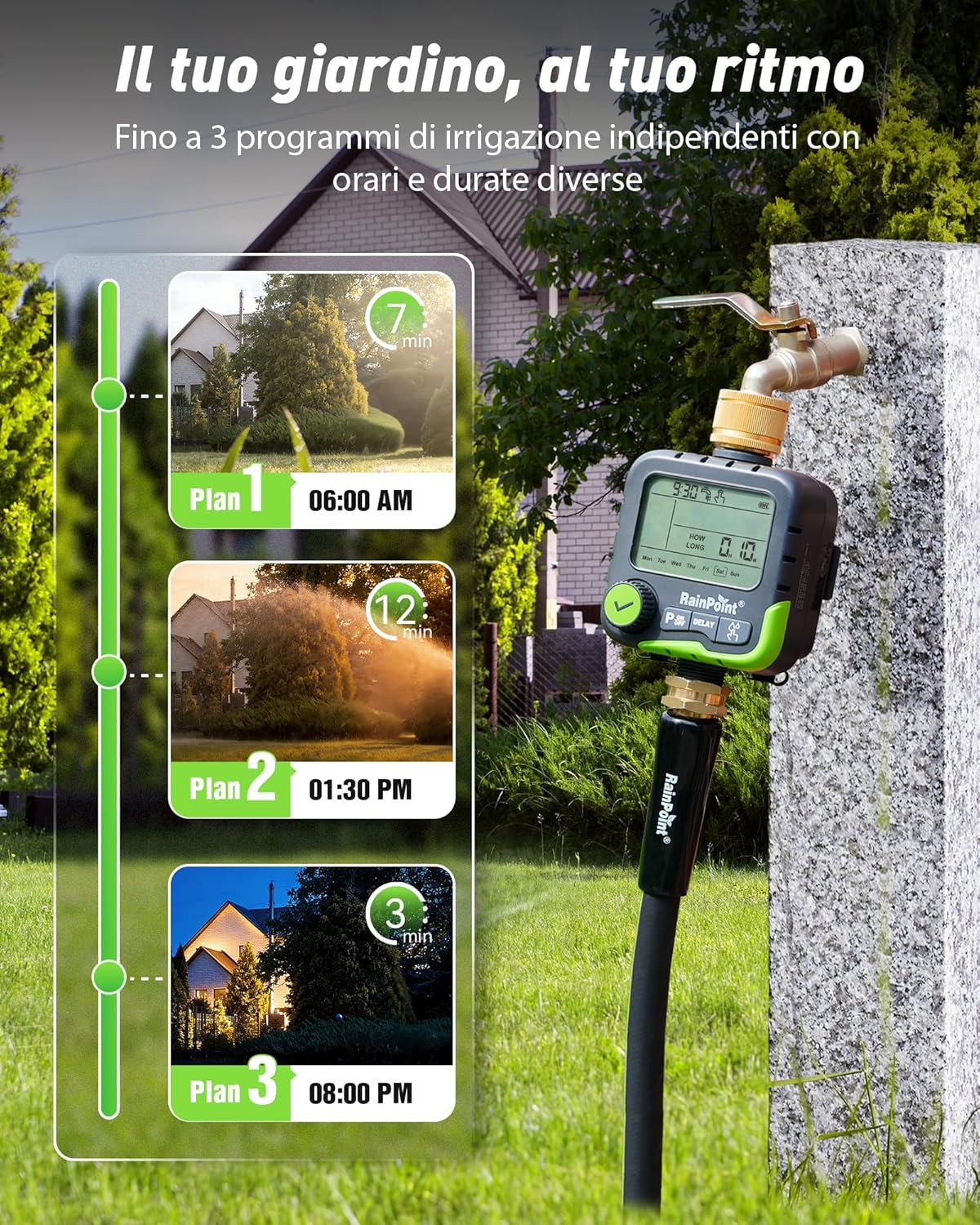 Detalle de RAINPOINT ITV156 Timer Irrigazione Kit Solare: Timer rubinetto da giardino con pannello solare e 2 batterie ricaricabili