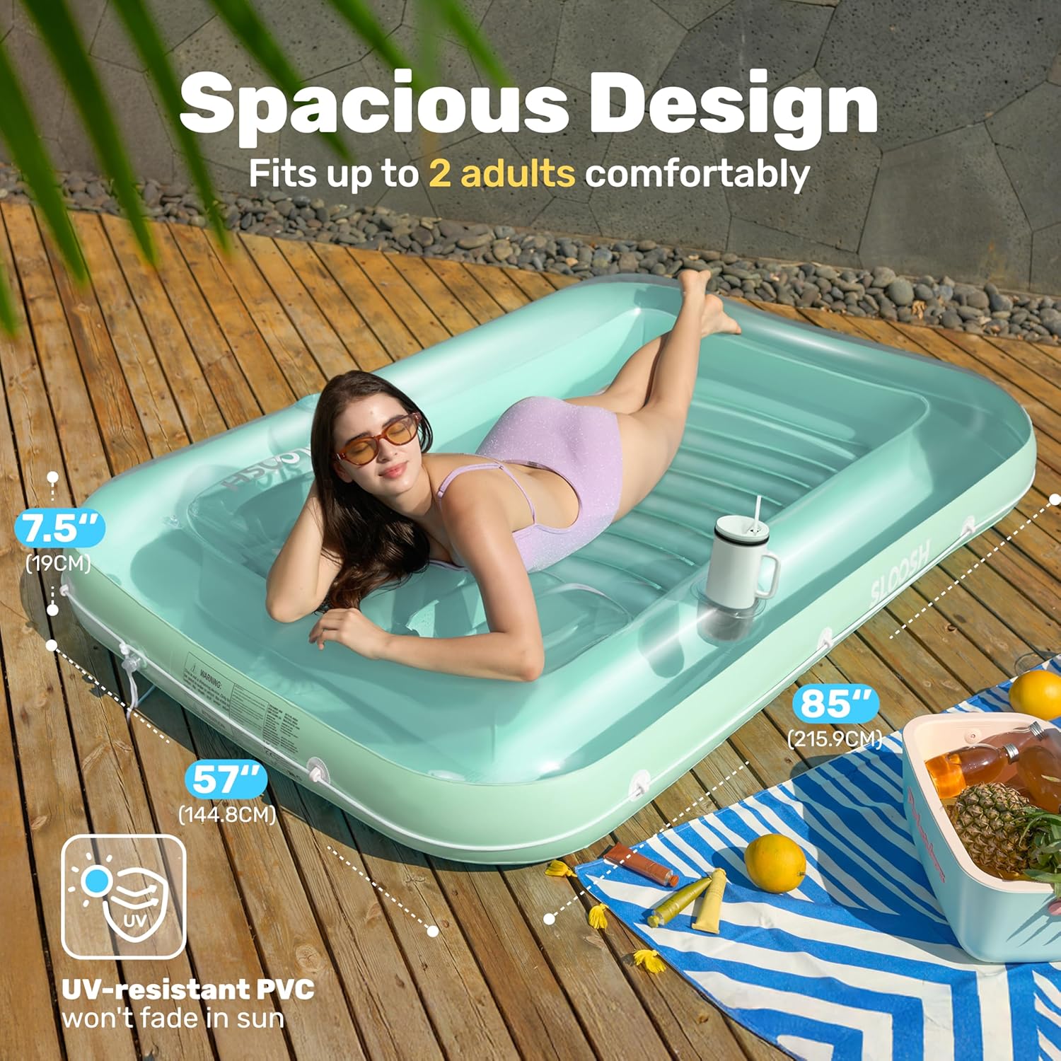 Detalle de SLOOSH Inflatable Tanning Pool Lounger Float (85" x 57") with Pillow, 4-in-1 Sunbathing Raft Floatie – XL-Cyan