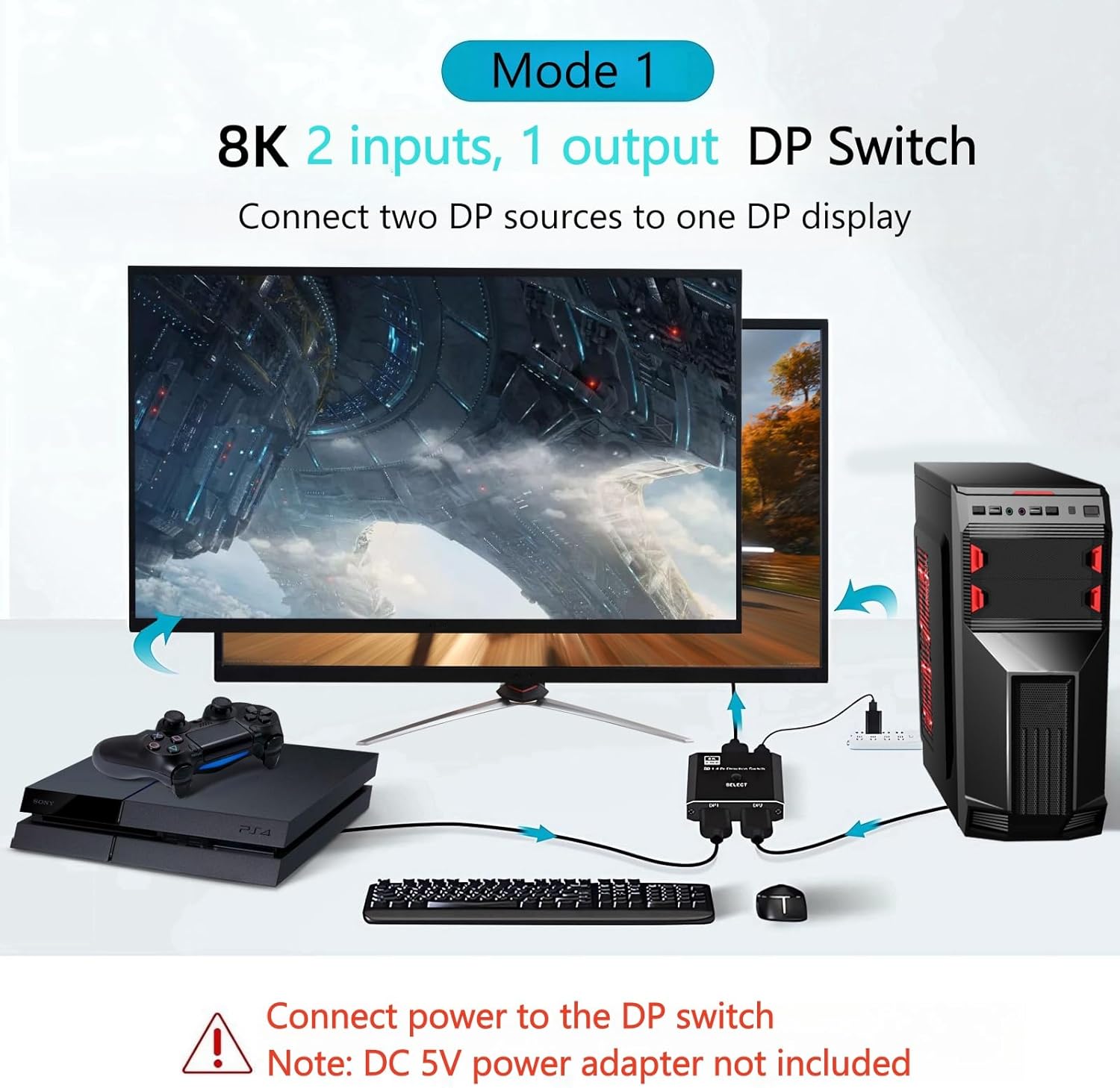 Thumbnail 2 de DisplayPort Switch 8K Bi-directional DP Switcher (1 in 2 out / 2 in 1 out) DP 1.4 8K@60Hz, USB-powered – Black