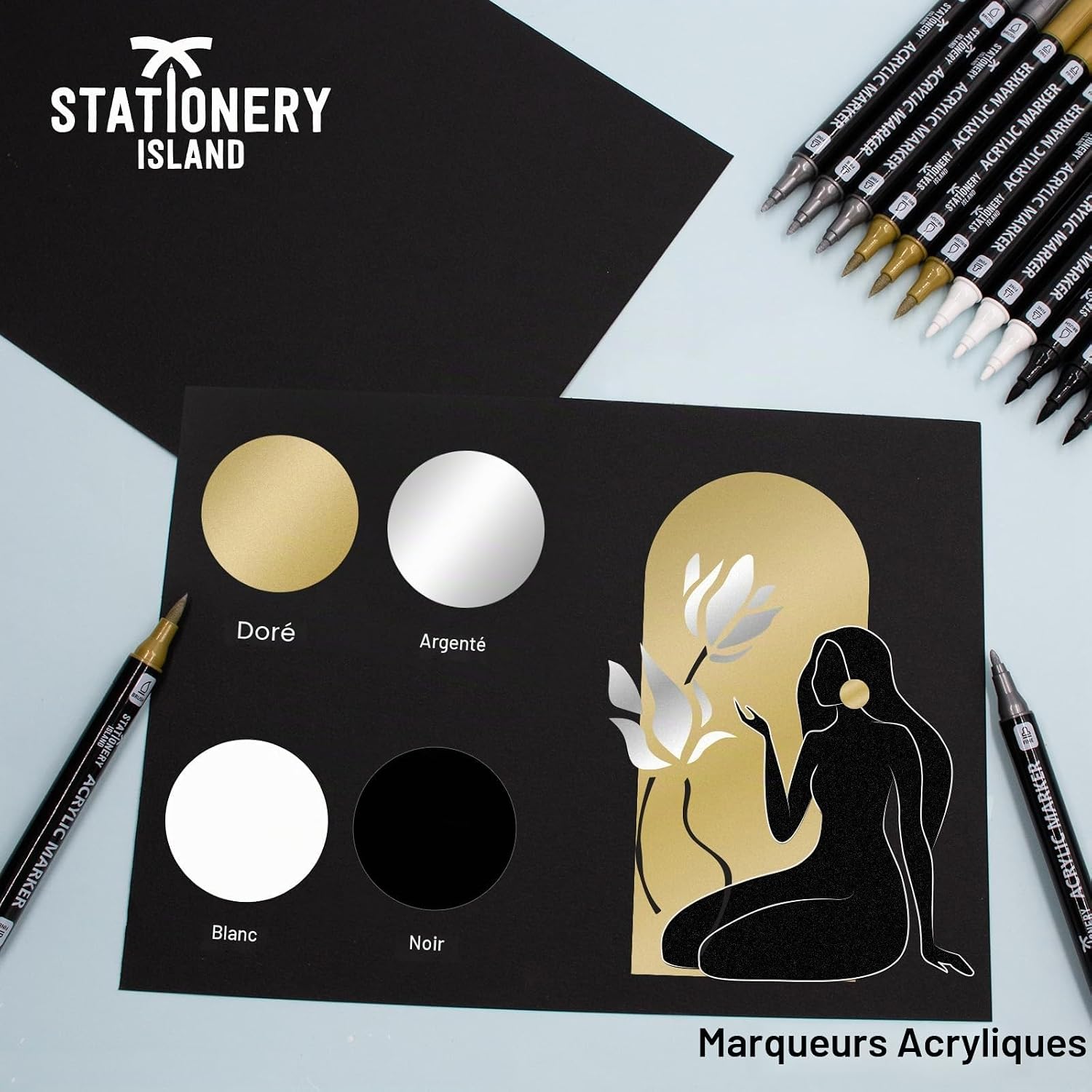 Thumbnail 1 de STATIONERY ISLAND Feutres Acryliques Métalliques – 12 Stylos Or, Argent, Blanc et Noir
