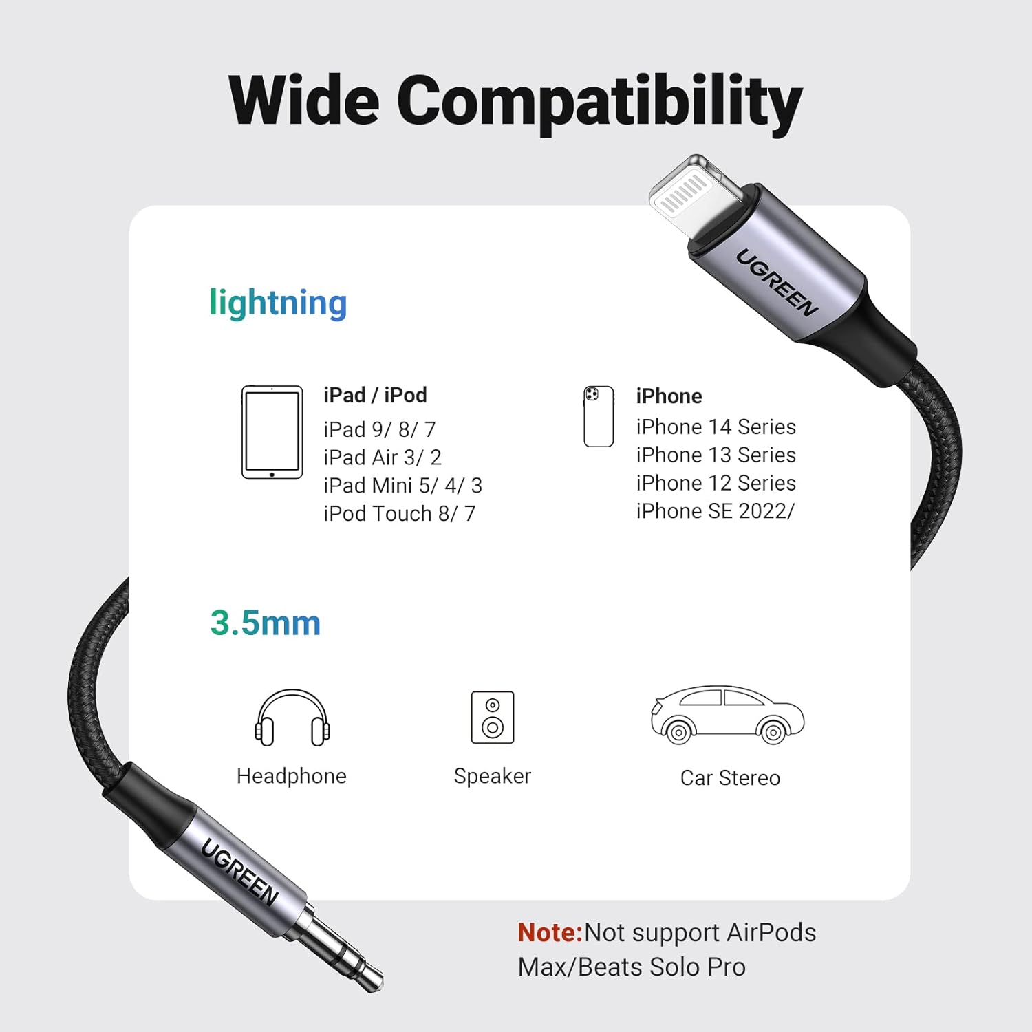 Thumbnail 3 de UGREEN MFi-Certified Lightning to 3.5mm Aux Cable (3.3ft) for iPhone & iPad car audio
